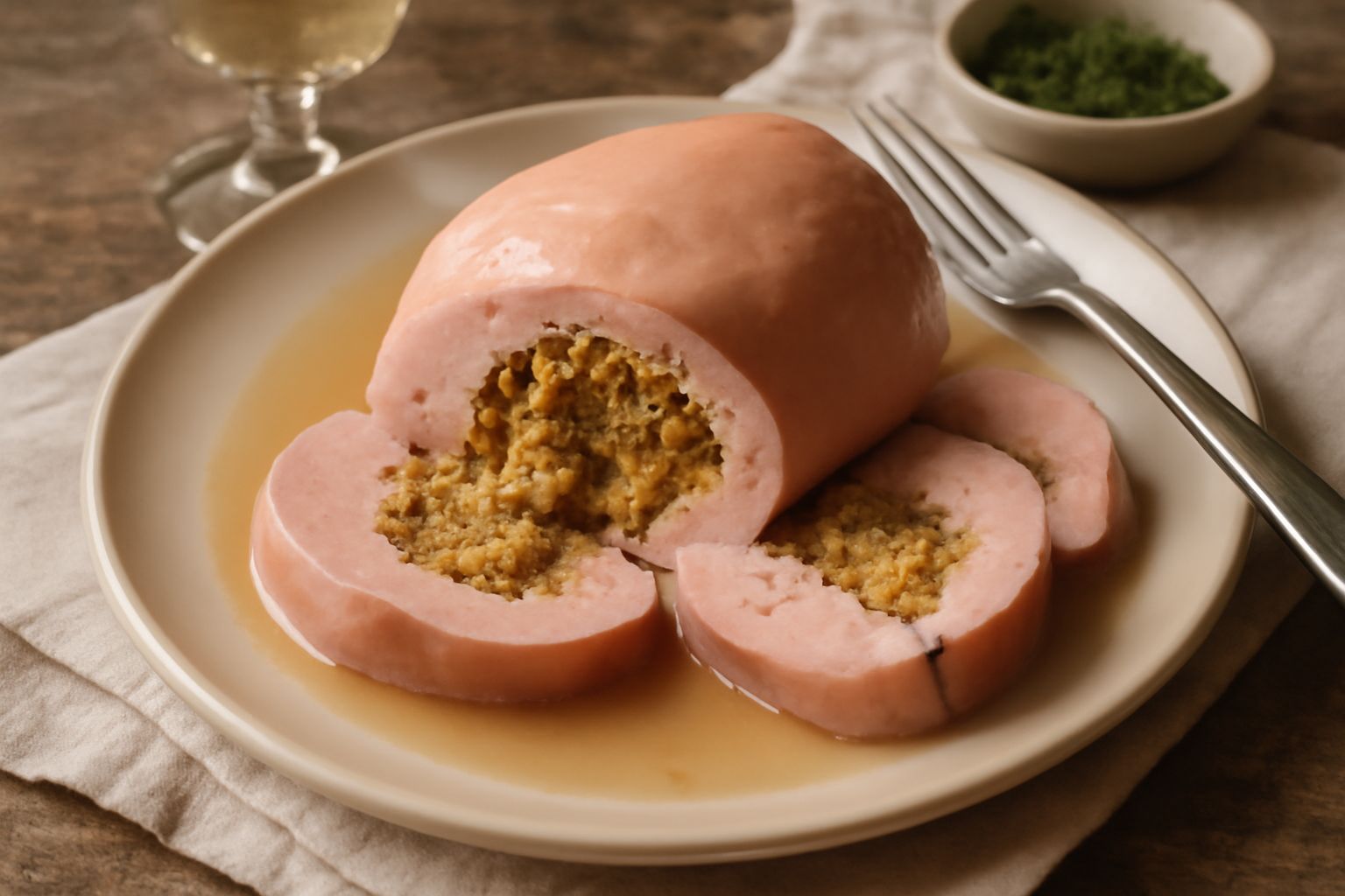Polmone di vitello ripieno affettato su piatto bianco, fette color rosa pallido con cuore di ripieno di pane tostato e prezzemolo, contornato da cipolla caramellata e brodo ridotto