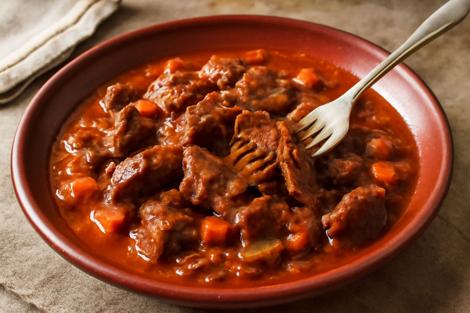 Polmone rosso scuro cotto nel sugo di pomodoro, servito in un piatto bianco con verdure ammorbidite, accompagnato da pane tostato