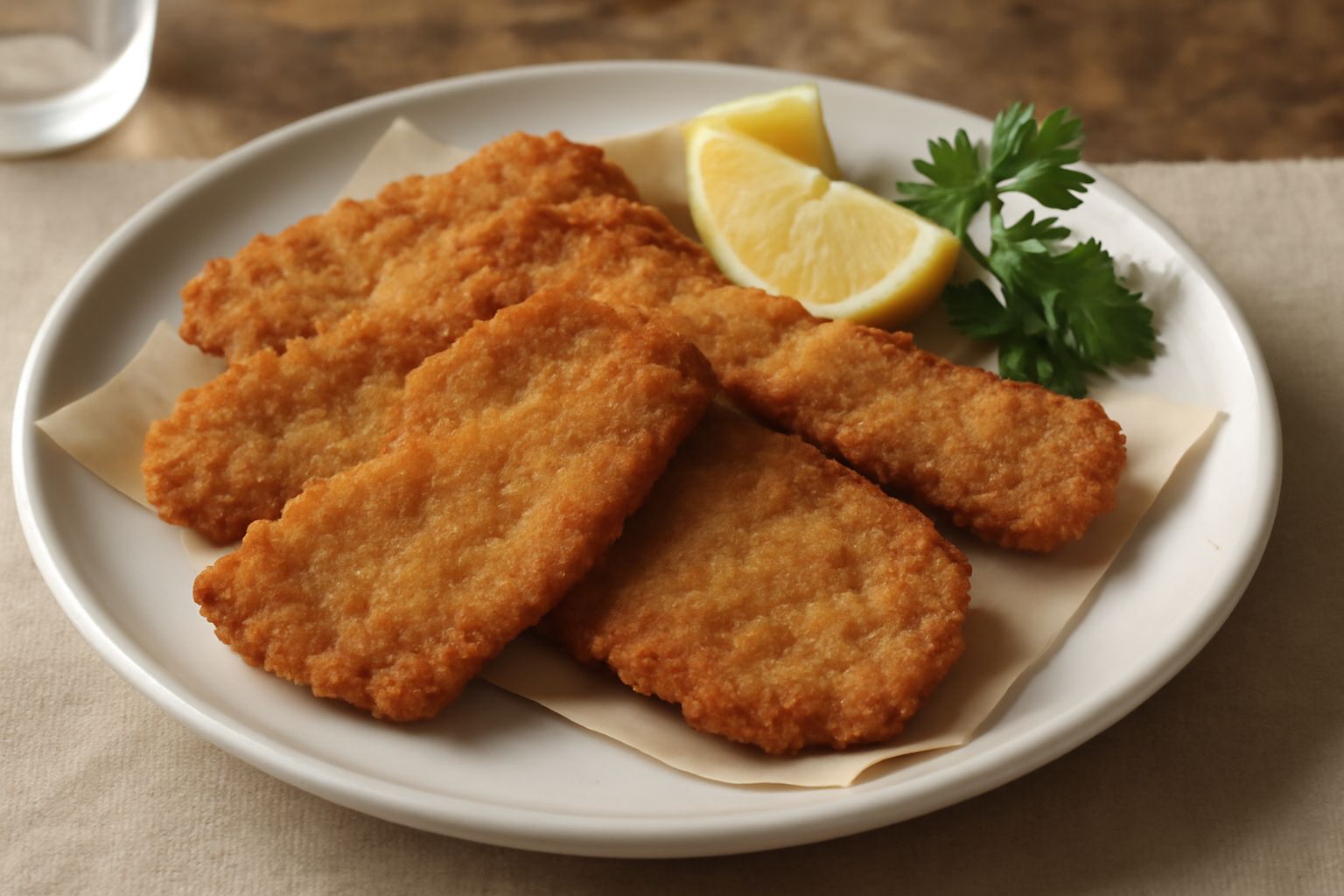 Fettine di polmone fritto dorate e croccanti disposte su un piatto bianco, accompagnate da limone tagliato a spicchi e prezzemolo fresco