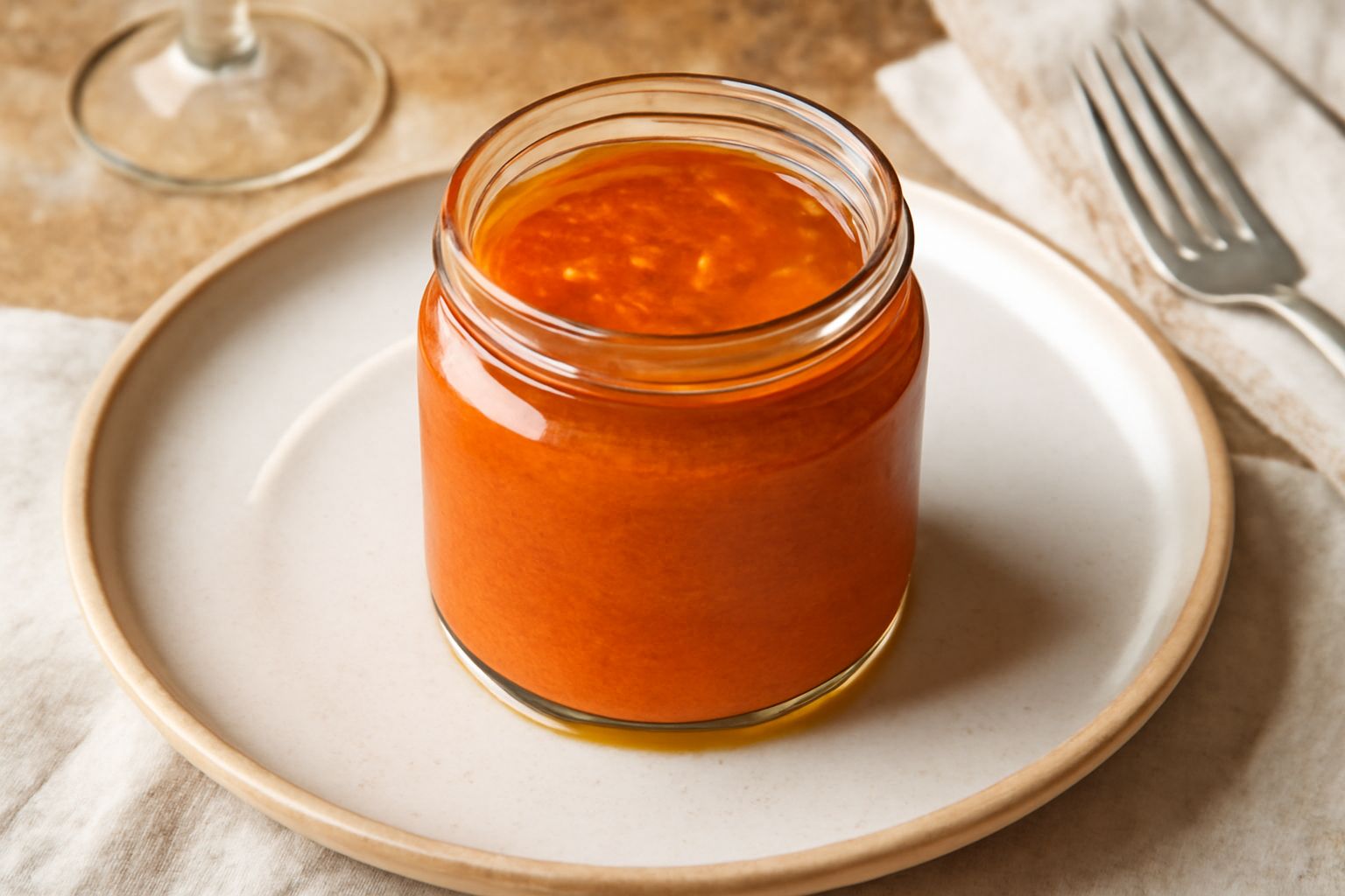Vasetto di vetro con polpa di peperoni rossi e gialli di colore arancione brillante, ricoperta di olio d'oliva trasparente, con peperoni freschi interi accanto e un cucchiaio in acciaio