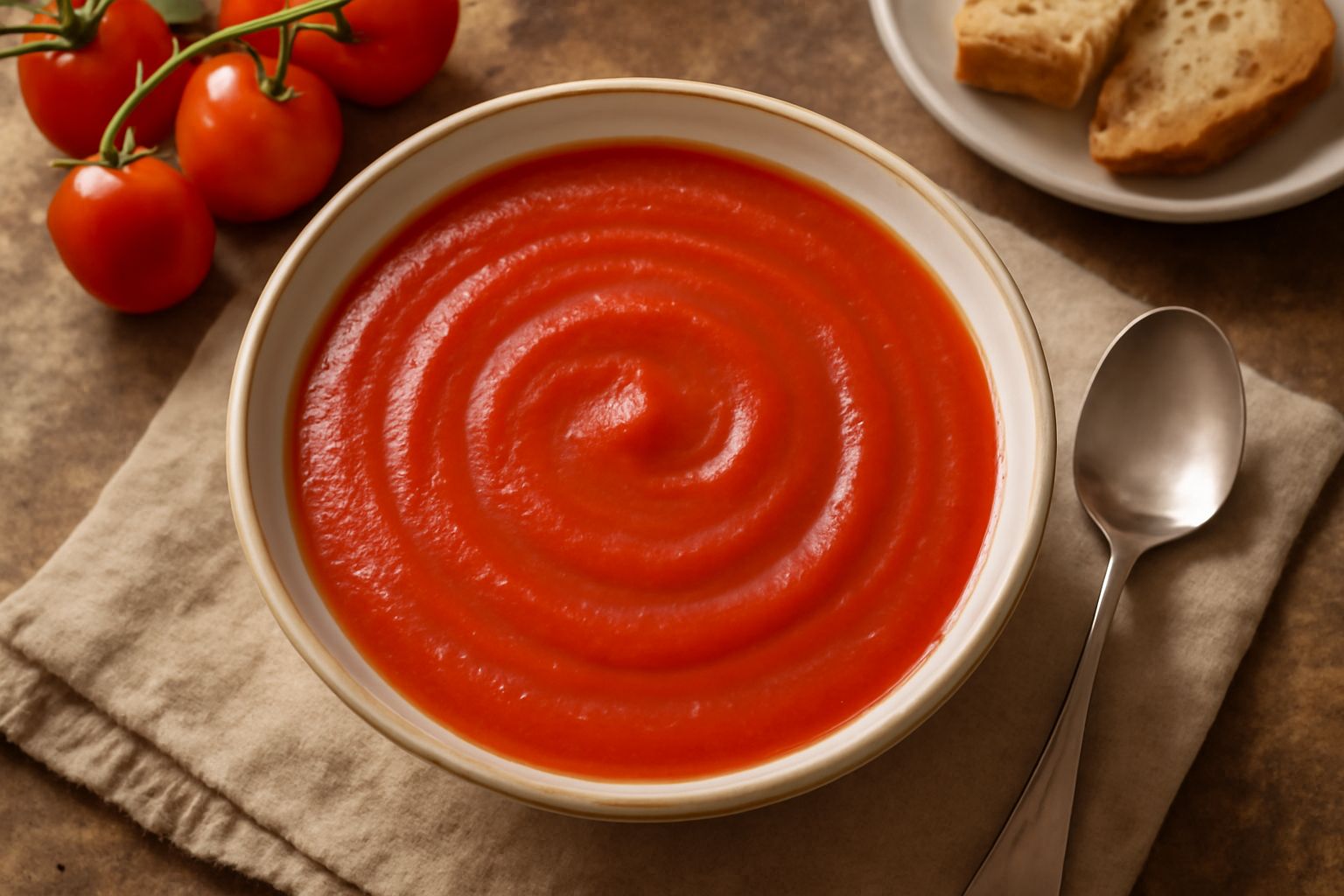 Ciotola di ceramica bianca riempita di polpa di pomodoro rossa densa e omogenea, con un cucchiaio in acciaio inossidabile dentro, pomodori freschi rossi e foglie di basilico accanto