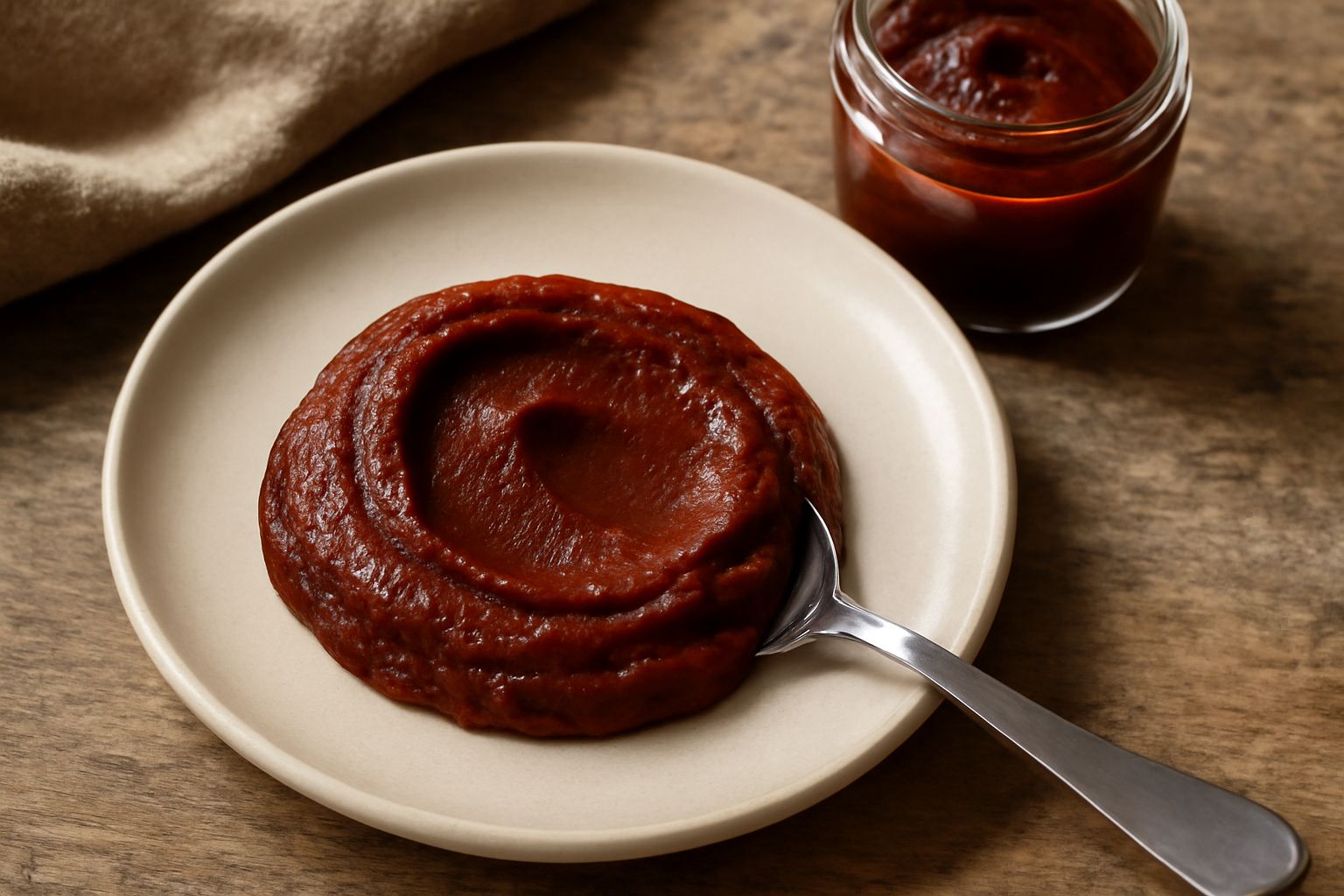 Ciotola di vetro riempita di polpa di pomodoro concentrata rosso scuro, densa e omogenea, con un cucchiaio di legno appoggiato al bordo e pomodori freschi sullo sfondo
