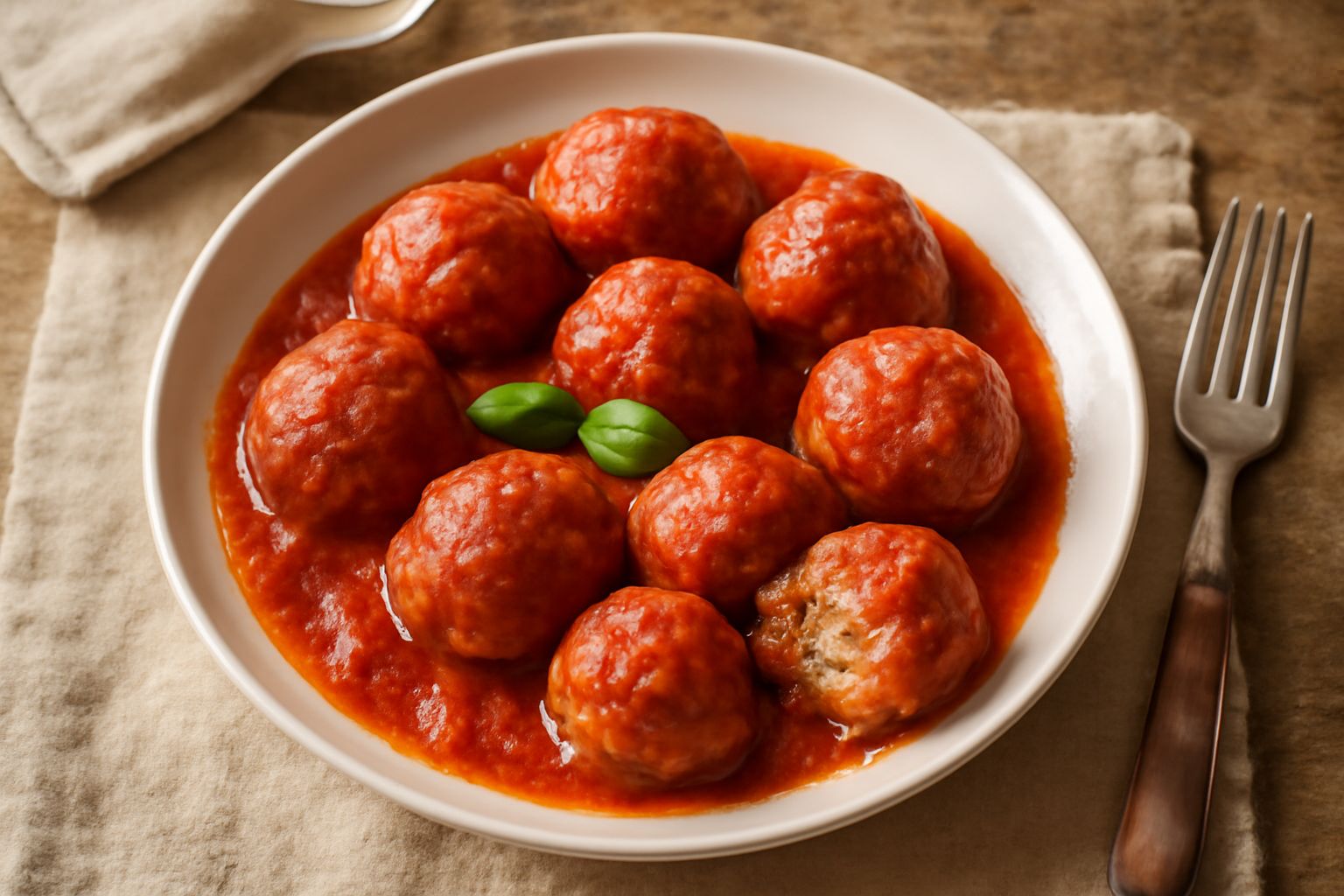 Polpette rotonde e brunite nel sugo di pomodoro rosso, dentro piatto bianco con cucchiaio, vapore che sale