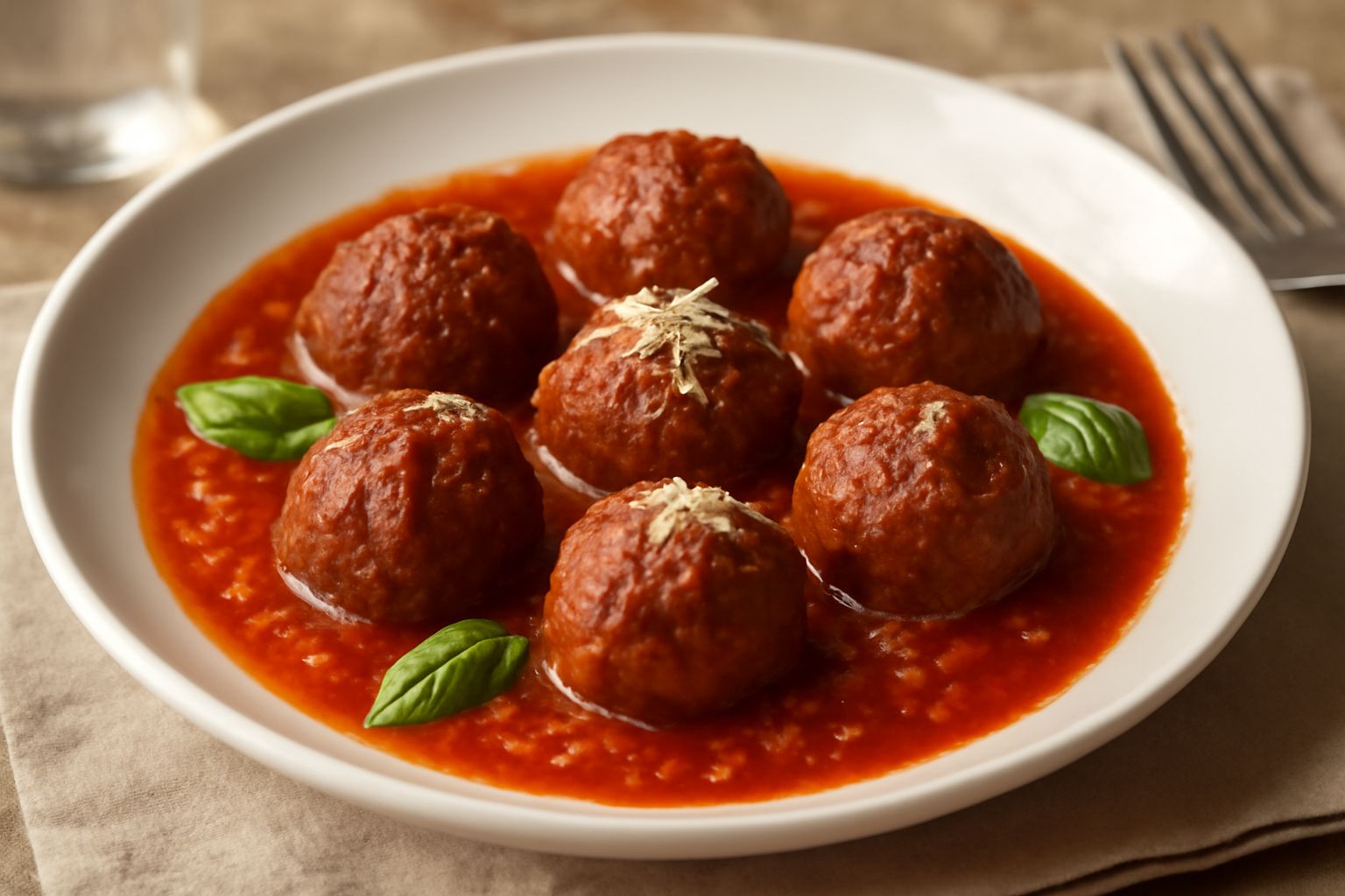 Polpette di carne marrone scuro ricoperte di sugo rosso denso, servite in un piatto bianco con basilico fresco e parmigiano grattugiato