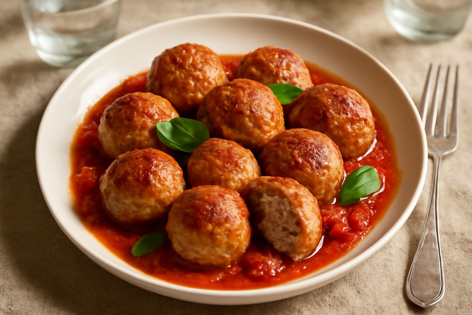Polpette di carne e pane dorate in un piatto bianco, con una salsa di pomodoro intorno, guarnite con prezzemolo fresco tritato, su una tavola di legno naturale