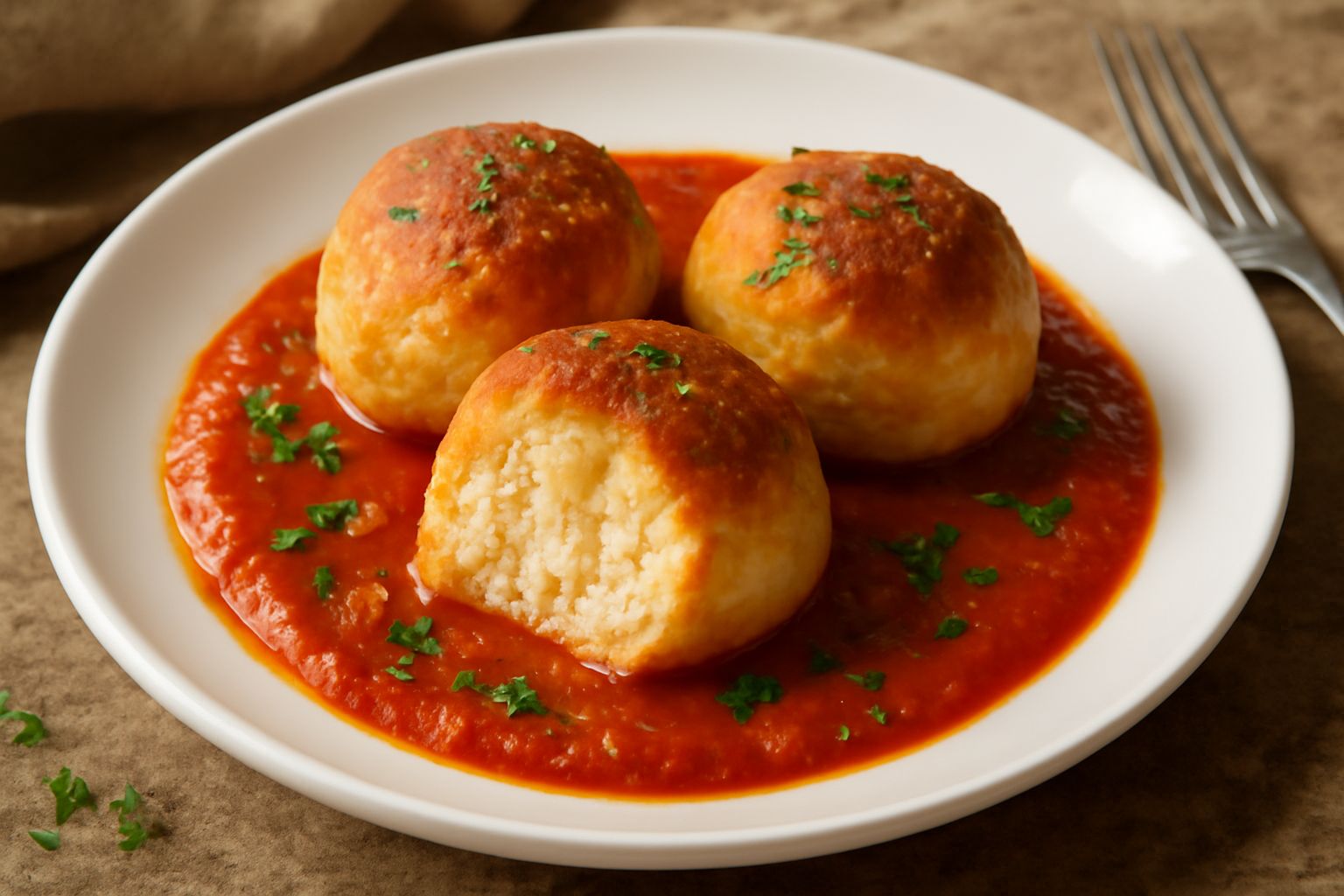 Tre polpette dorate di pane e formaggio in un piatto bianco, adagiate su sugo di pomodoro rosso, con prezzemolo fresco tritato sopra e formaggio grattugiato ai lati