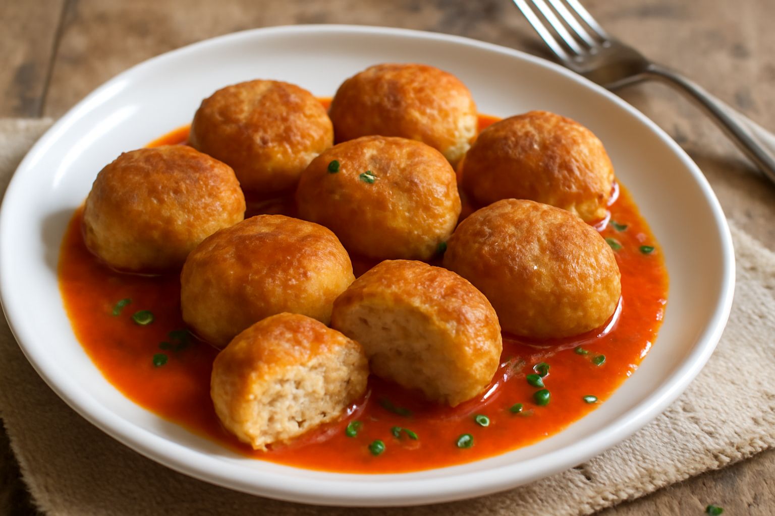 Otto polpette rotonde dorate su un piatto bianco, con salsa di pomodoro intorno, una guarnizione di prezzemolo fresco e limone dimezzato ai lati