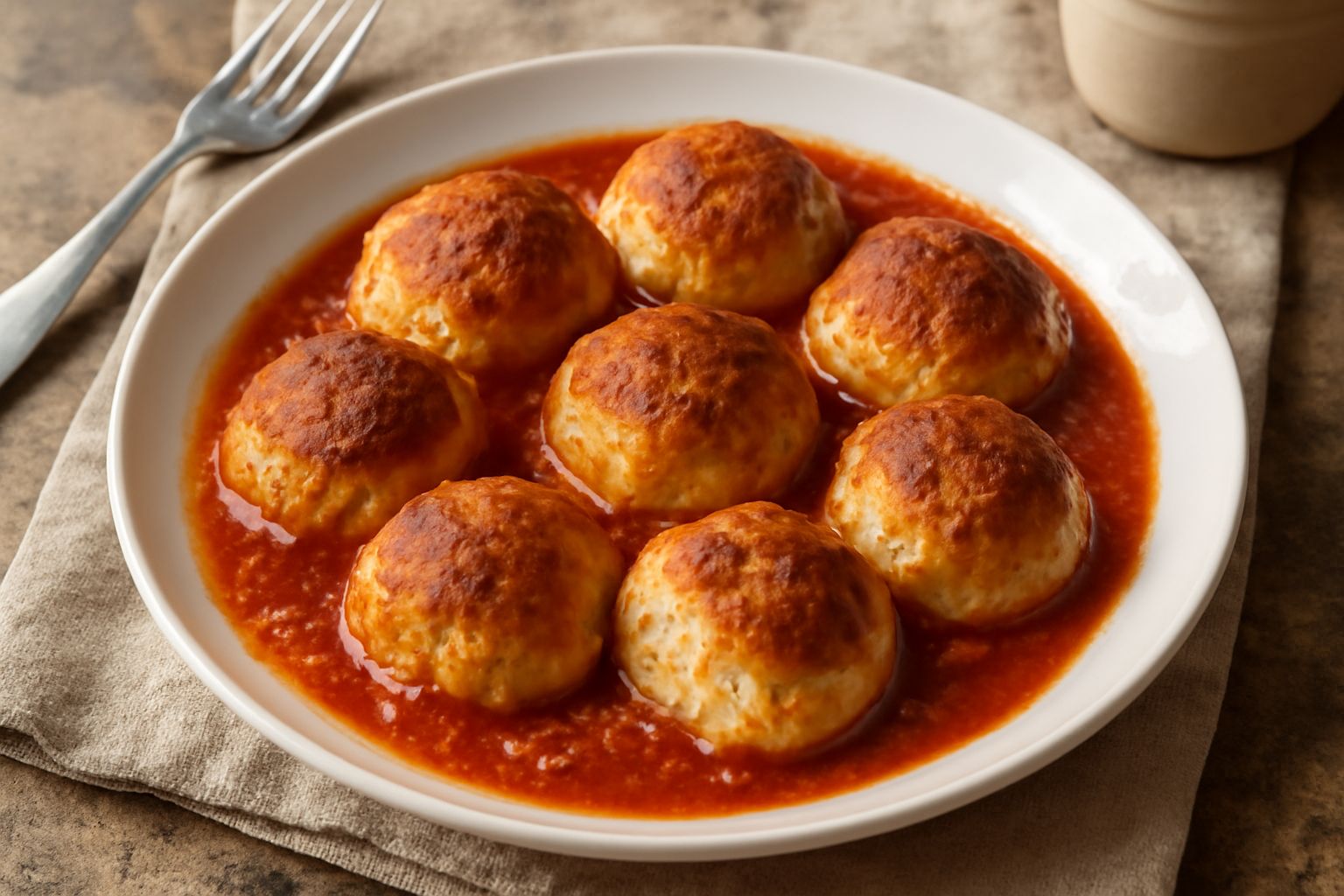Polpette dorate e soffici in un piatto bianco con sugo di pomodoro, contorno di insalata verde e una goccia di parmigiano grattugiato in superficie