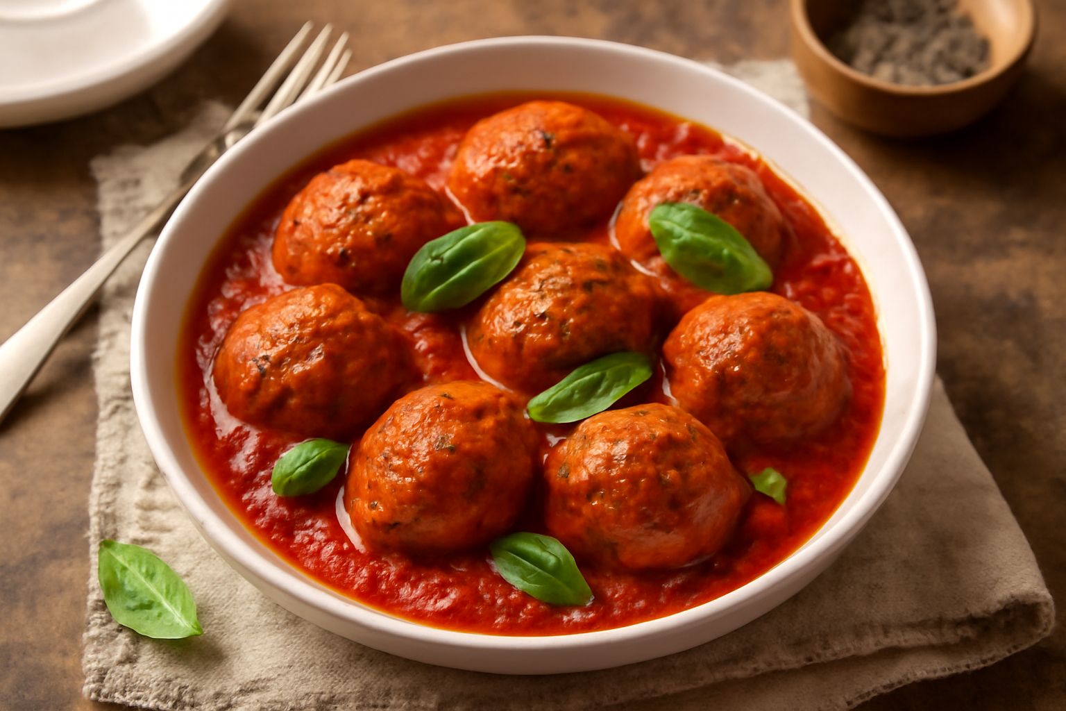 Polpette rotonde e dorate in una ciotola con salsa di pomodoro rosso brillante, guarnite con basilico fresco e parmigiano grattugiato, accompagnate da pane tostato