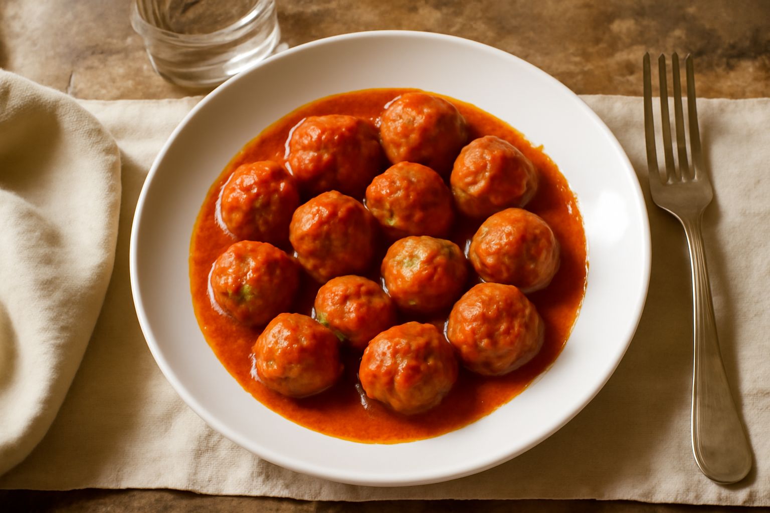 Polpettine di carne dorate e croccanti in una padella di ferro, circondate da salsa di pomodoro, con un cucchiaio di legno e basilico fresco accanto