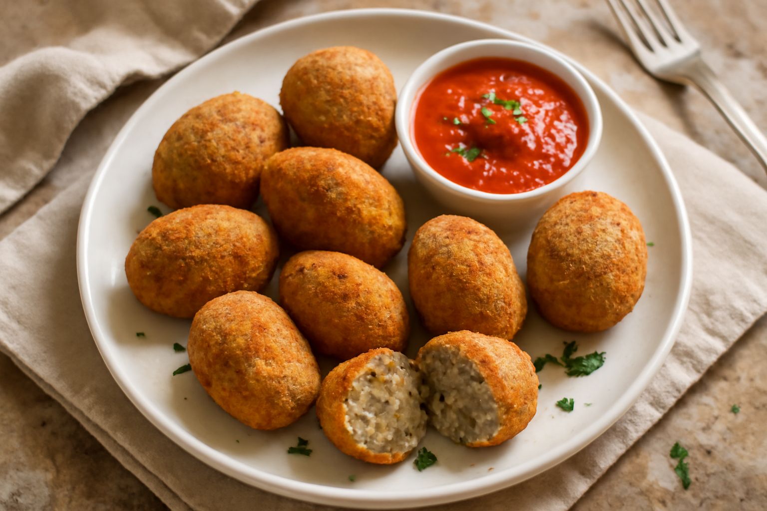 Polpettine di melanzana dorate e croccanti disposte su un piatto bianco, guarnite con prezzemolo fresco, in primo piano una mezza di cui si vede l'interno morbido grigio-viola