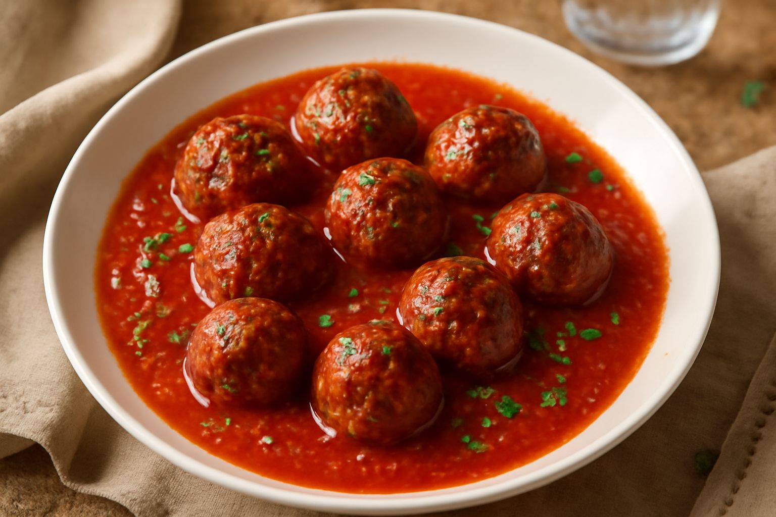 Polpettine scure e lucide immerse in sugo rosso di pomodoro, servite in piatto bianco con prezzemolo fresco, vapore ancora visibile