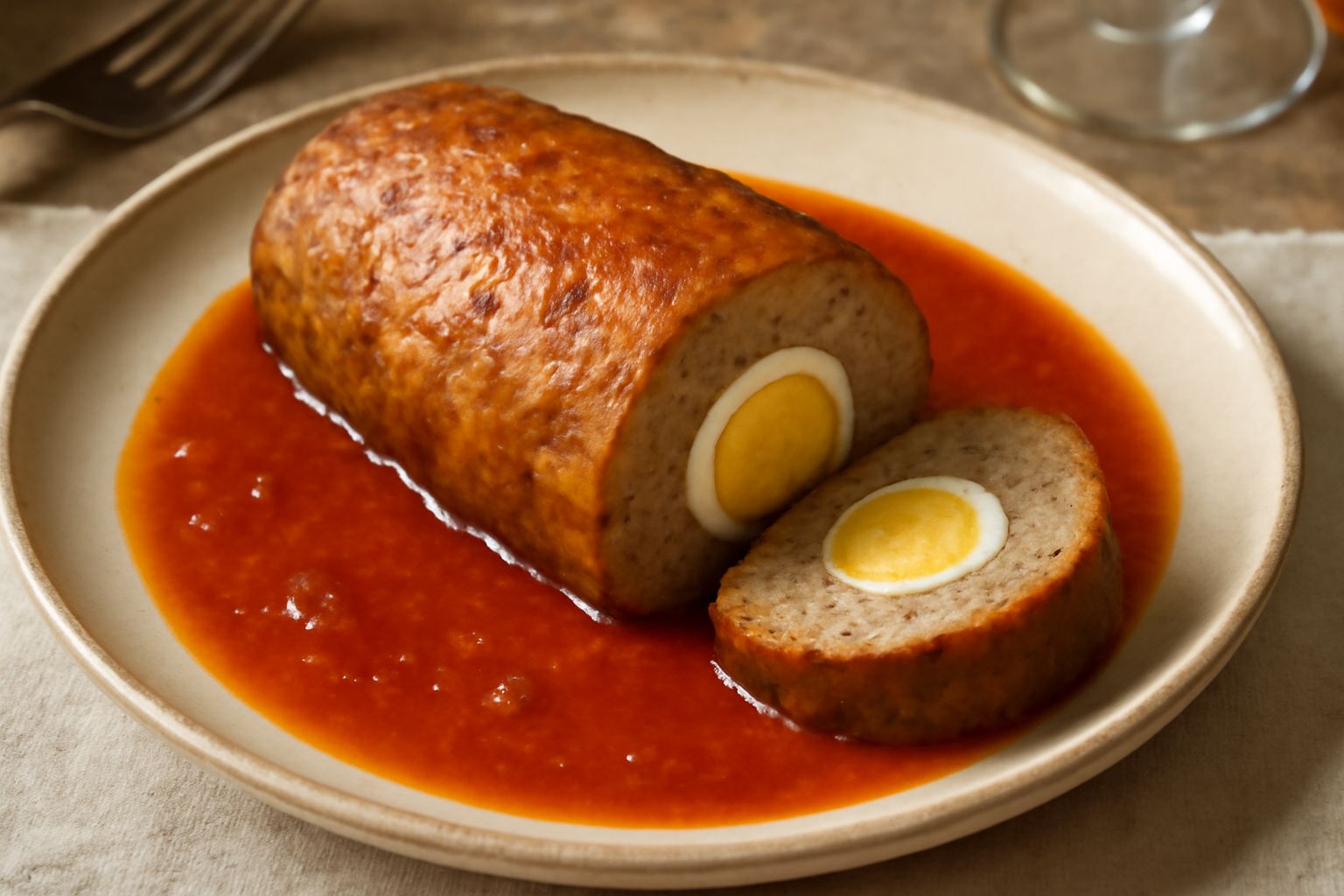Polpettone dorato e cotto al forno, affettato e servito in un piatto bianco con sugo di pomodoro e prezzemolo fresco, contorno di verdure cotte
