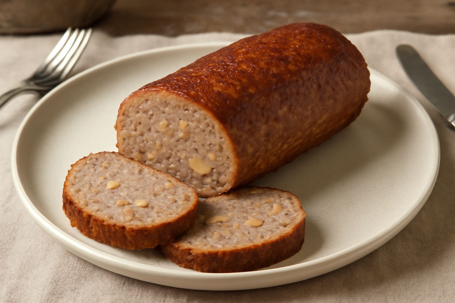 Polpettone alla casertana affettato nel piatto, di colore marrone dorato, con una sezione interna rosa grigiastra, contornato da insalata verde e pomodori rossi