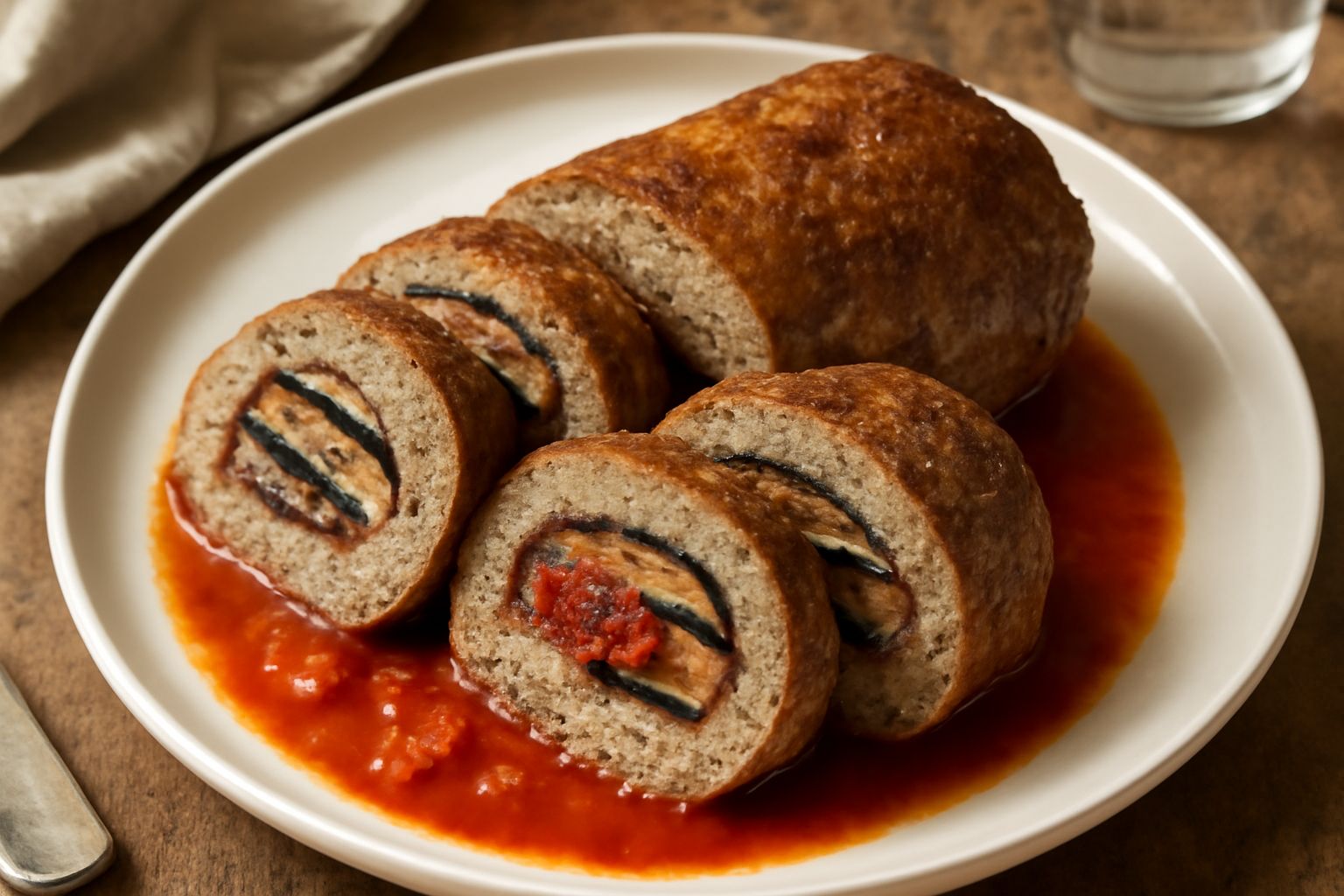 Polpettone alla catanese affettato su un piatto bianco, ripieno di melanzane scure e ragù rosso, contornato da salsa di pomodoro e melanzane grigliate