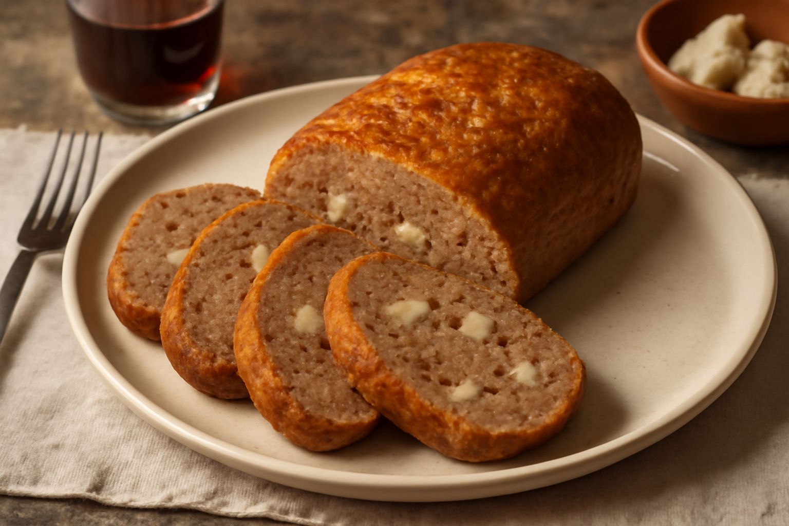 Polpettone affettato in piatto bianco, di colore nocciola dorato, con sfumature di marrone chiaro. Fette compatte e umide al centro, bordo croccante, presentato con contorno di pomodori rossi e verdur