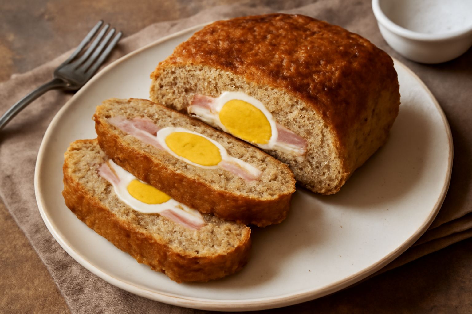 Fette di polpettone alla palermitana su un piatto bianco, ripieno visibile con strisce gialle di uovo sodo e rosa di mortadella, superficie dorata dalla cottura
