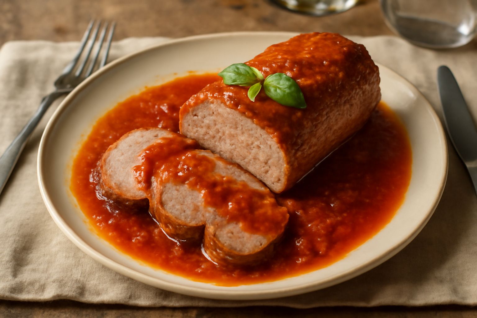 Polpettone alla riminese affettato nel piatto, colore marrone dorato sulla superficie, interno rosato, circondato da sugo di pomodoro denso, guarnito con prezzemolo fresco