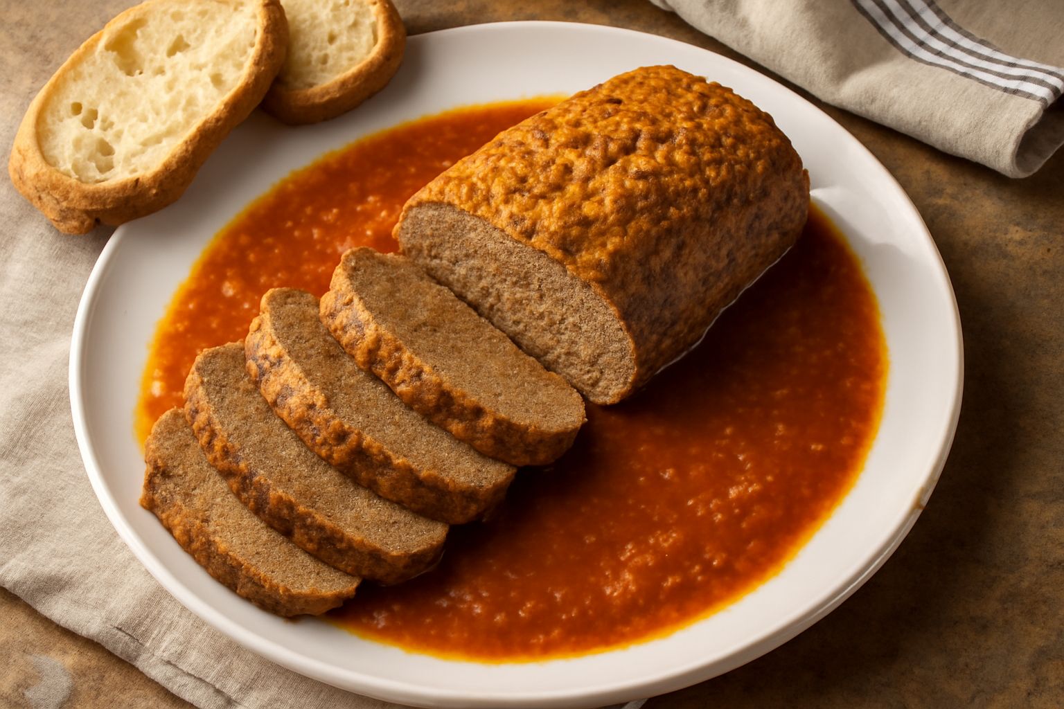 Polpettone marrone scuro affettato, servito in piatto bianco con sugo di pomodoro intorno e un cucchiaio d'acciaio, pane toscano integrale accanto