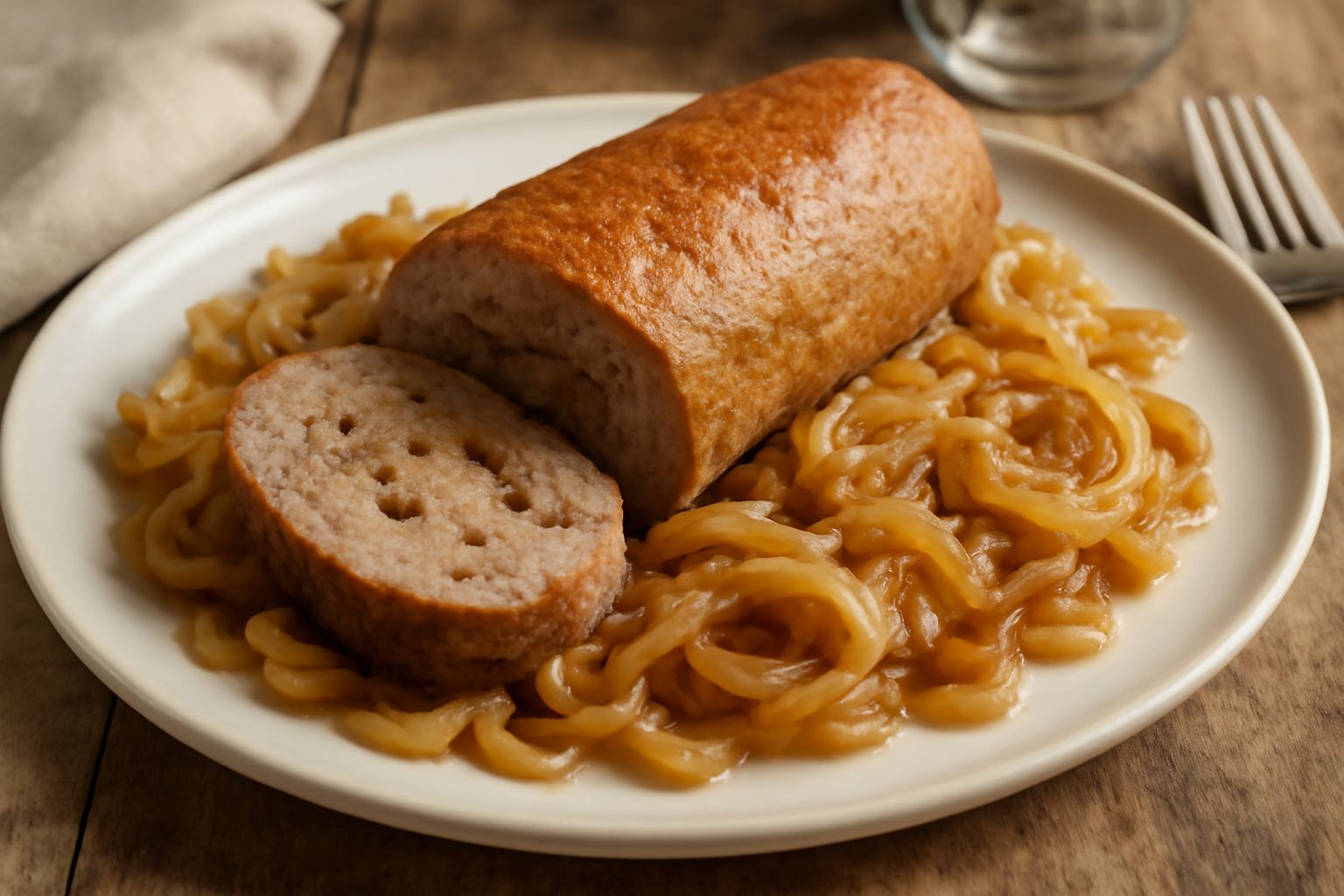 Polpettone dorato a fette su un piatto bianco, con cipolla caramellata visibile nel taglio, contornato da verdure cotte e salsa marrone scura