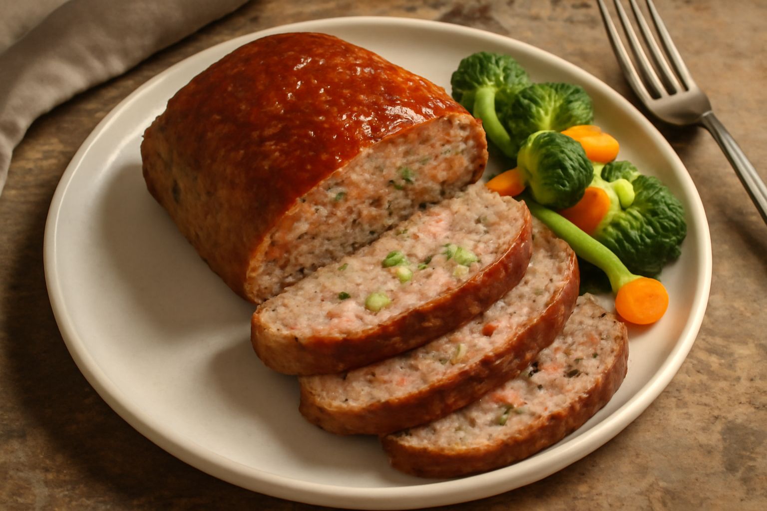 Polpettone cotto al forno, marrone dorato, affettato nel piatto bianco con contorno di insalata mista e melone; superficie lucida, sezione interna uniforme e rosata
