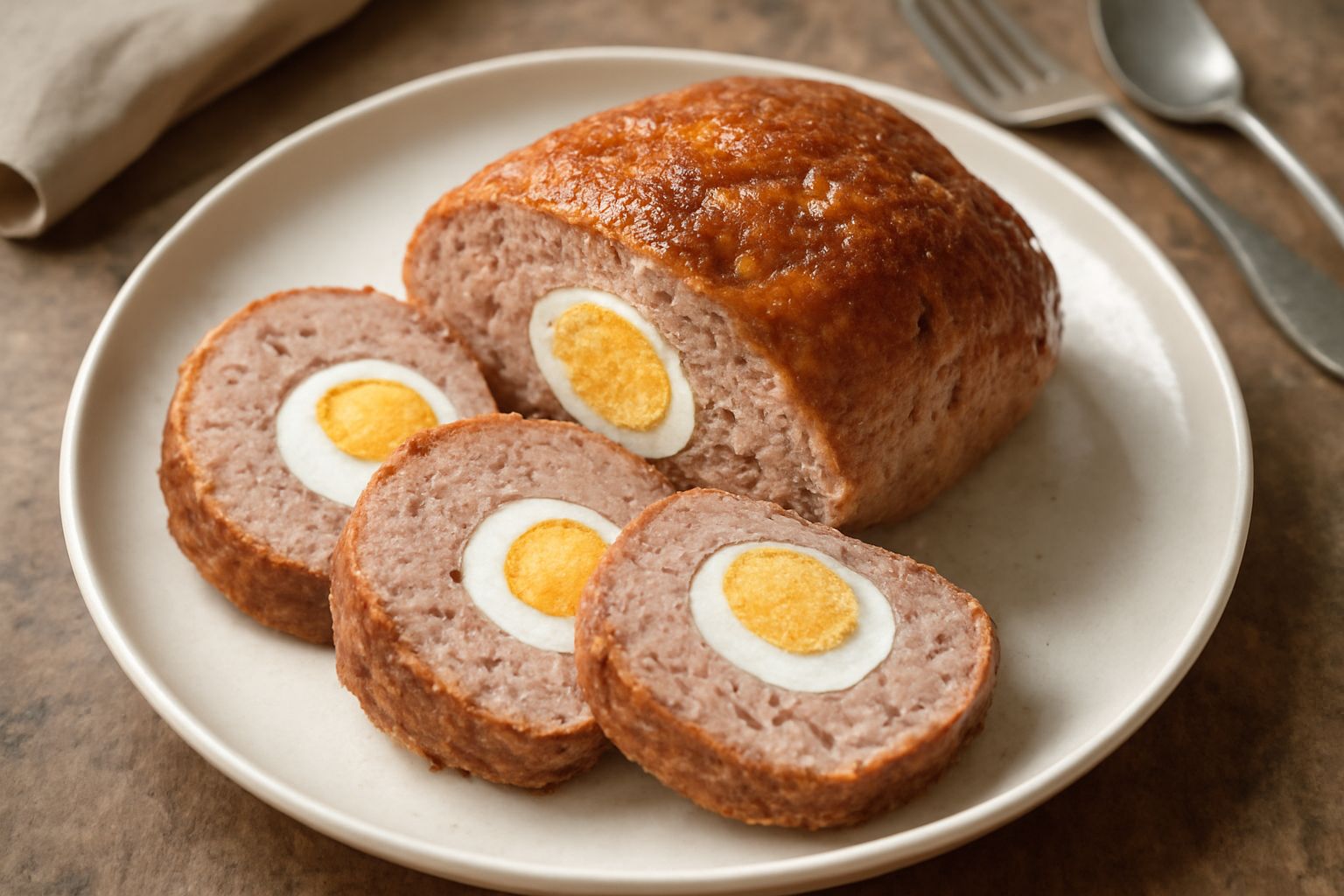 Polpettone di carne affettato su un piatto bianco, ripieno di uova sode e prezzemolo, circondato da pomodori e insalata verde fresca
