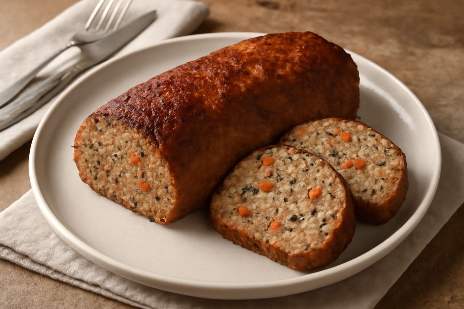 Polpettone affettato su un piatto bianco, sezione trasversale che mostra strati di carne marrone e verdure verdi e arancioni, guarnito con prezzemolo fresco, contorno di patate novelle bianche