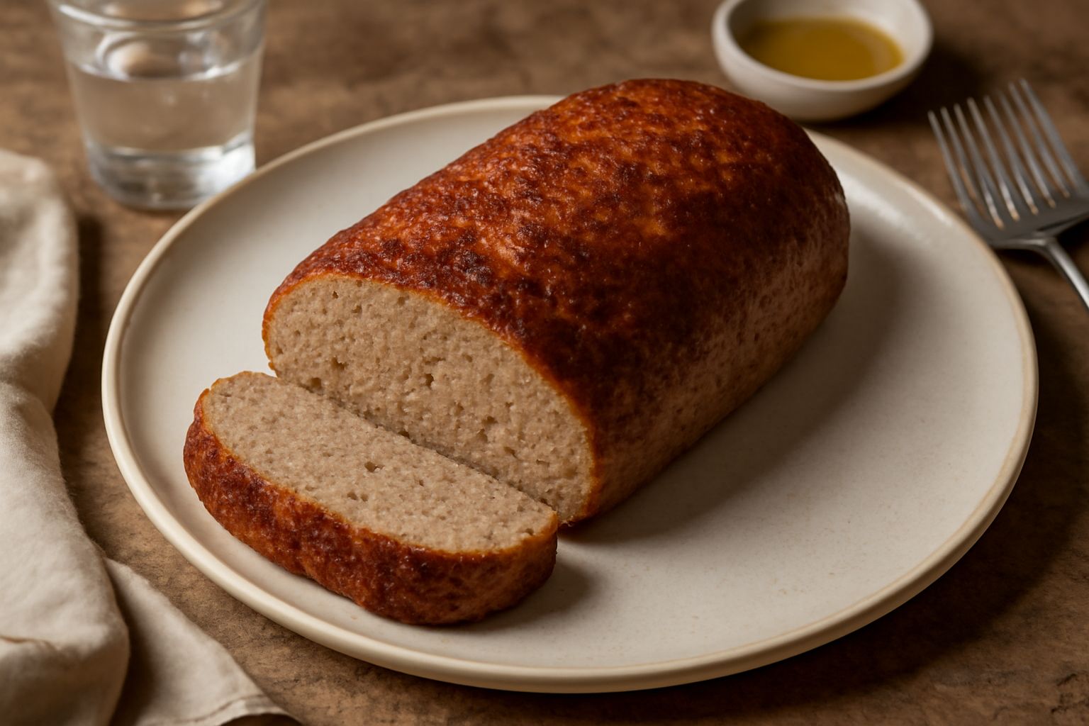 Polpettone di carne macinata al forno, dorato in superficie, affettato in due parti su un piatto bianco con contorno di verdure grigliate. Interno color marrone uniforme, succhi chiari attorno.