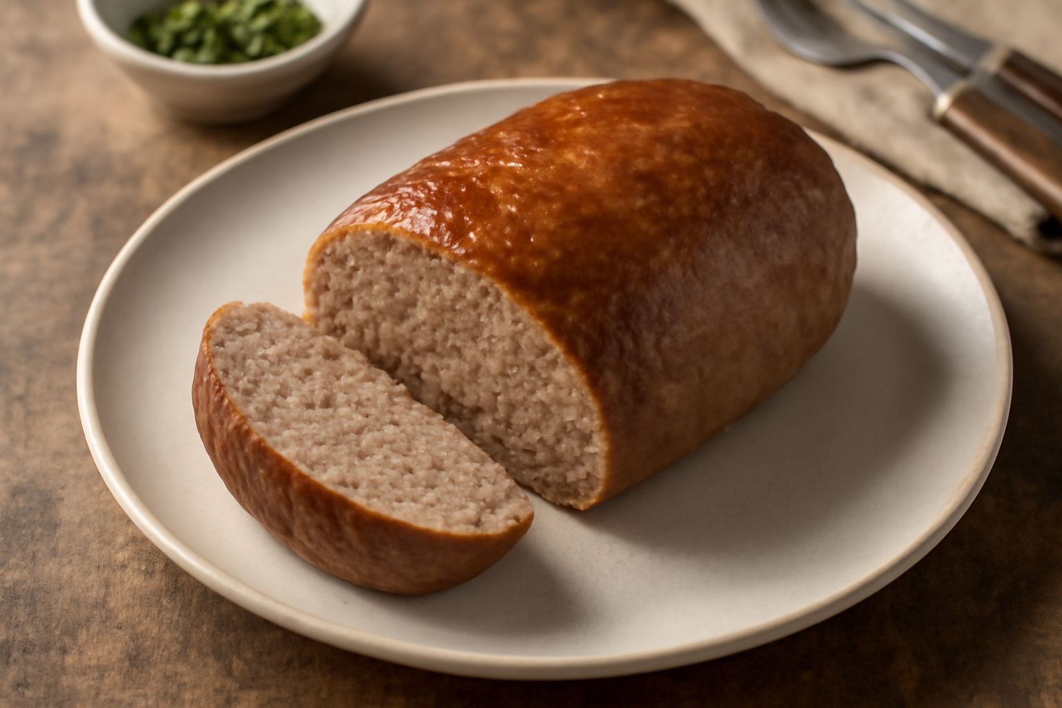 Un polpettone di carne cotto e affettato, di colore marrone dorato, servito su un piatto bianco con contorno di spinaci verdi e salsa rossa ai lati, superficie lucida e sezione trasversale che mostra 