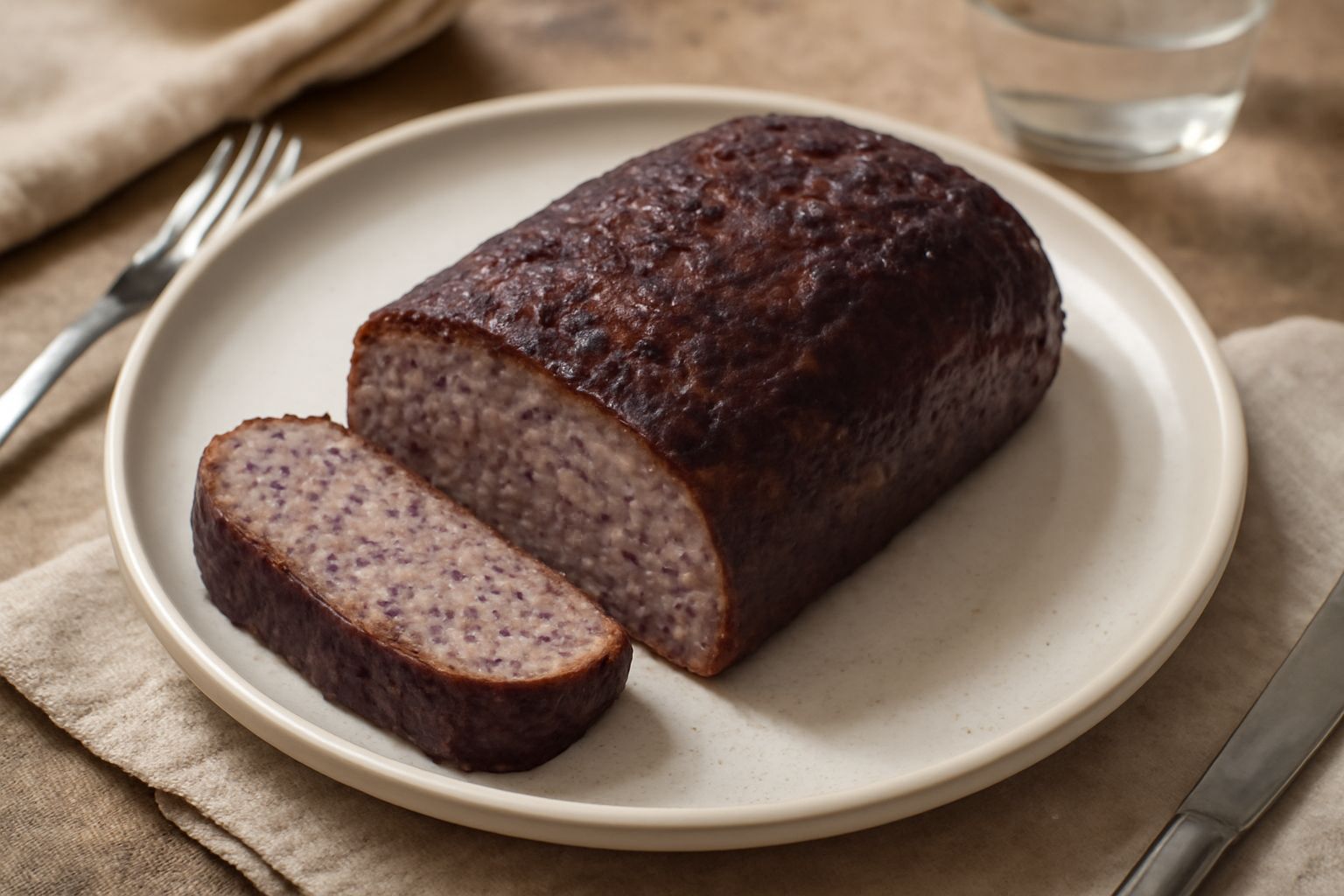Polpettone di melanzane affettato, viola scuro con sfumature più chiare, servito in un piatto bianco con contorno di pomodori freschi e basilico verde
