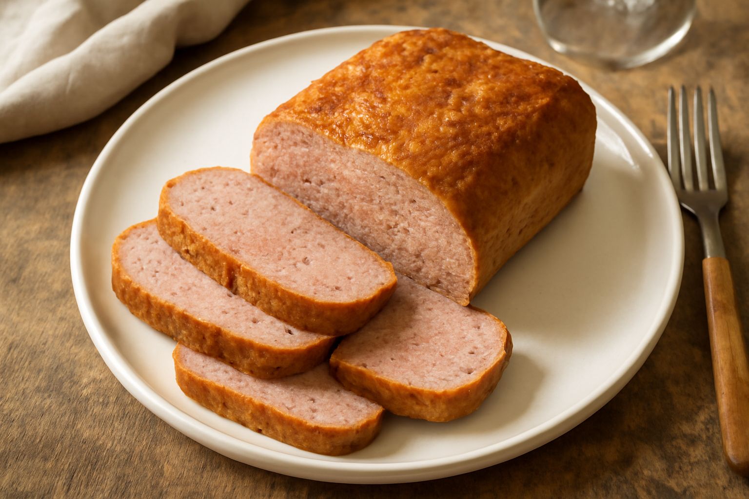 Polpettone affettato su un piatto bianco con contorno di insalata verde e pomodori, superficie dorata e uniforme, interno rosato e compatto con visibili pezzetti di pane integrato