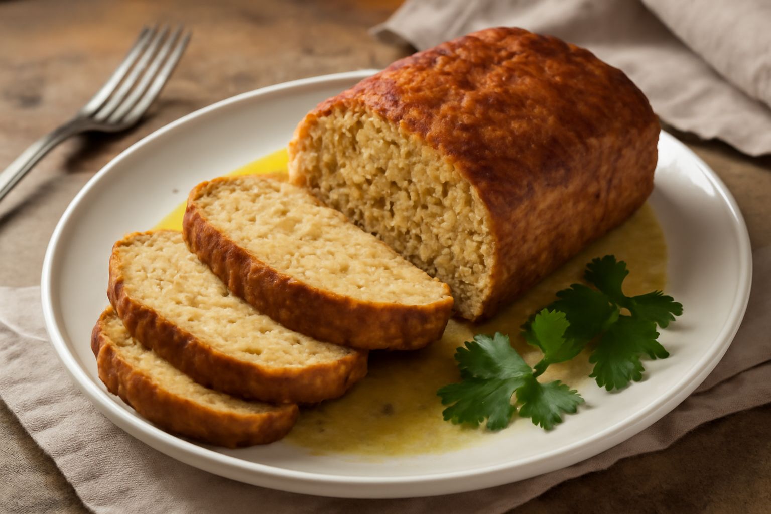 Polpettone di pane e uova affettato nel piatto, color marrone dorato in superficie, bianco e rosato all'interno, servito con contorno di verdure verdi
