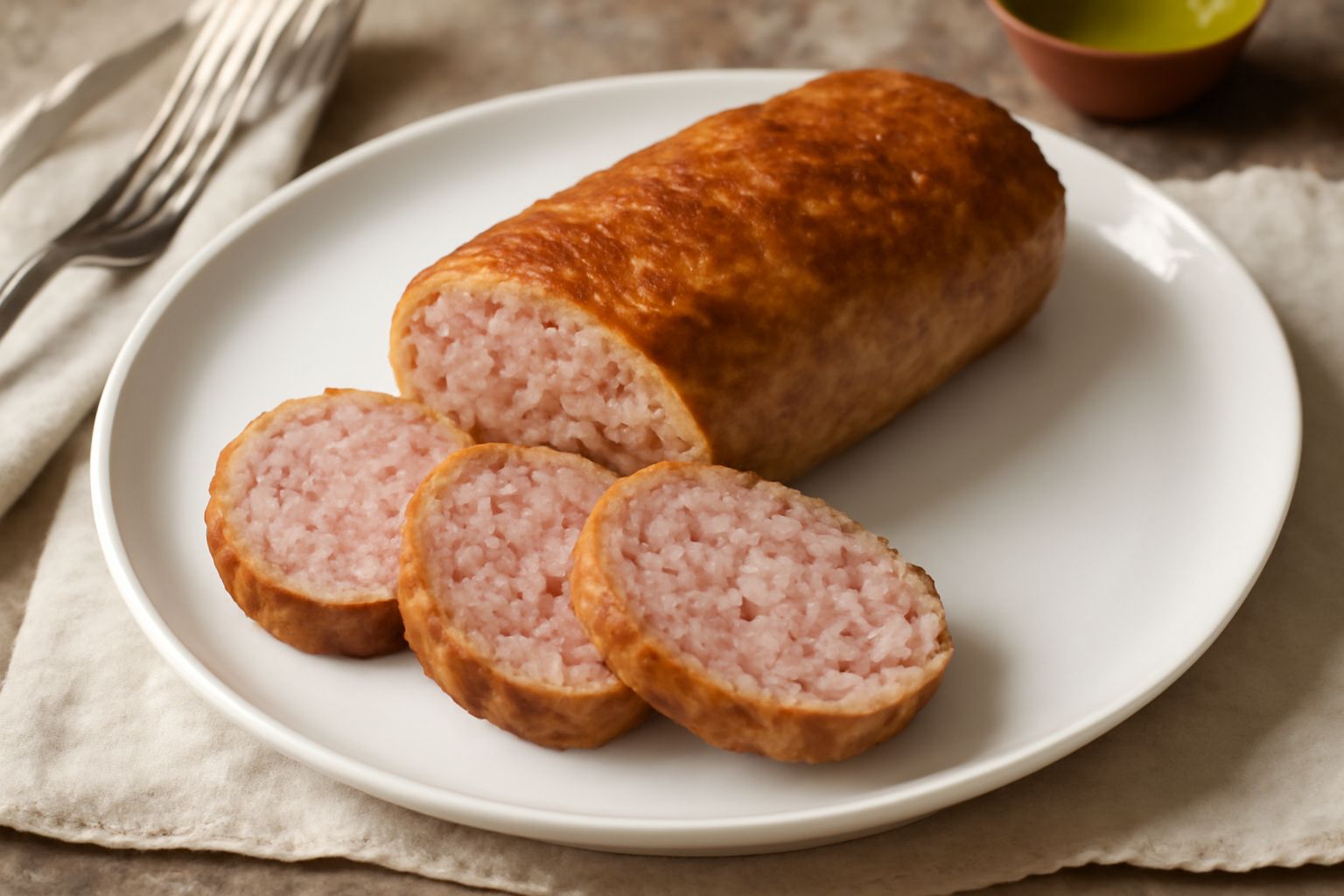 Polpettone dorato e affettato su un piatto bianco, circondato da contorno di verdure grigliate, interno ben cotto e compatto visibile nella fetta