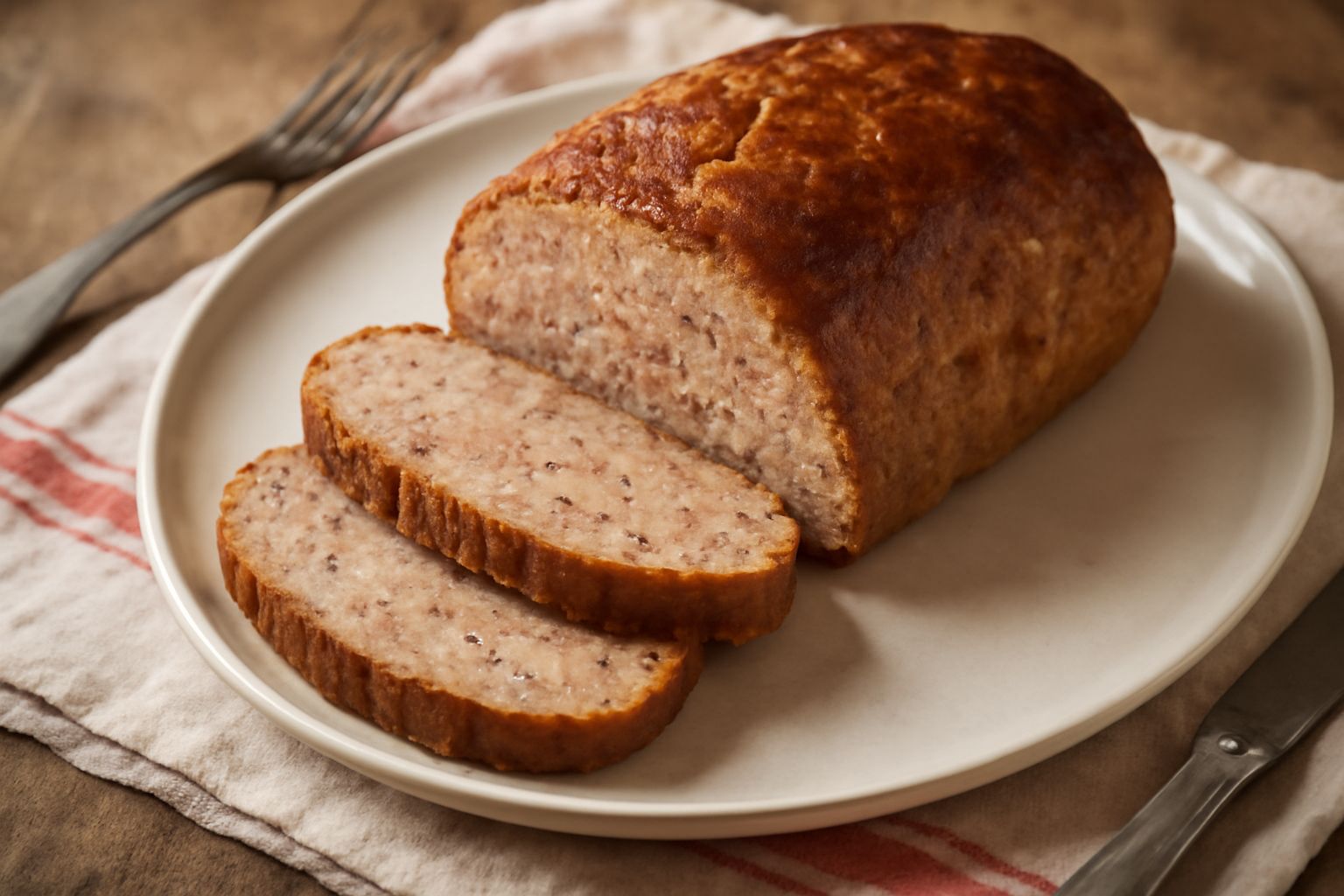 Polpettone dorato e affettato su un piatto bianco, interno rosato con striature di pane bianche e marrone, contorno di insalata verde fresca, vapore leggero sulla superficie calda