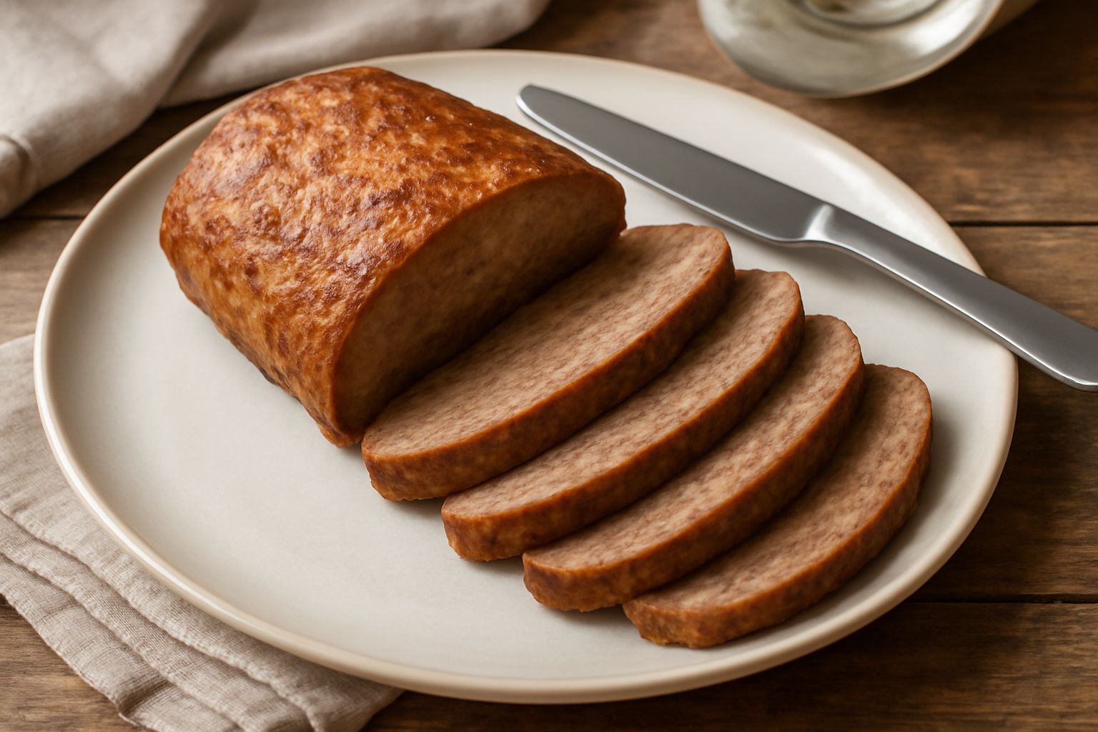 Polpettone affettato su piatto bianco, colore marrone dorato, contornato da fette di pane tostato e foglie di insalata verde, con un coltello affilato di lato