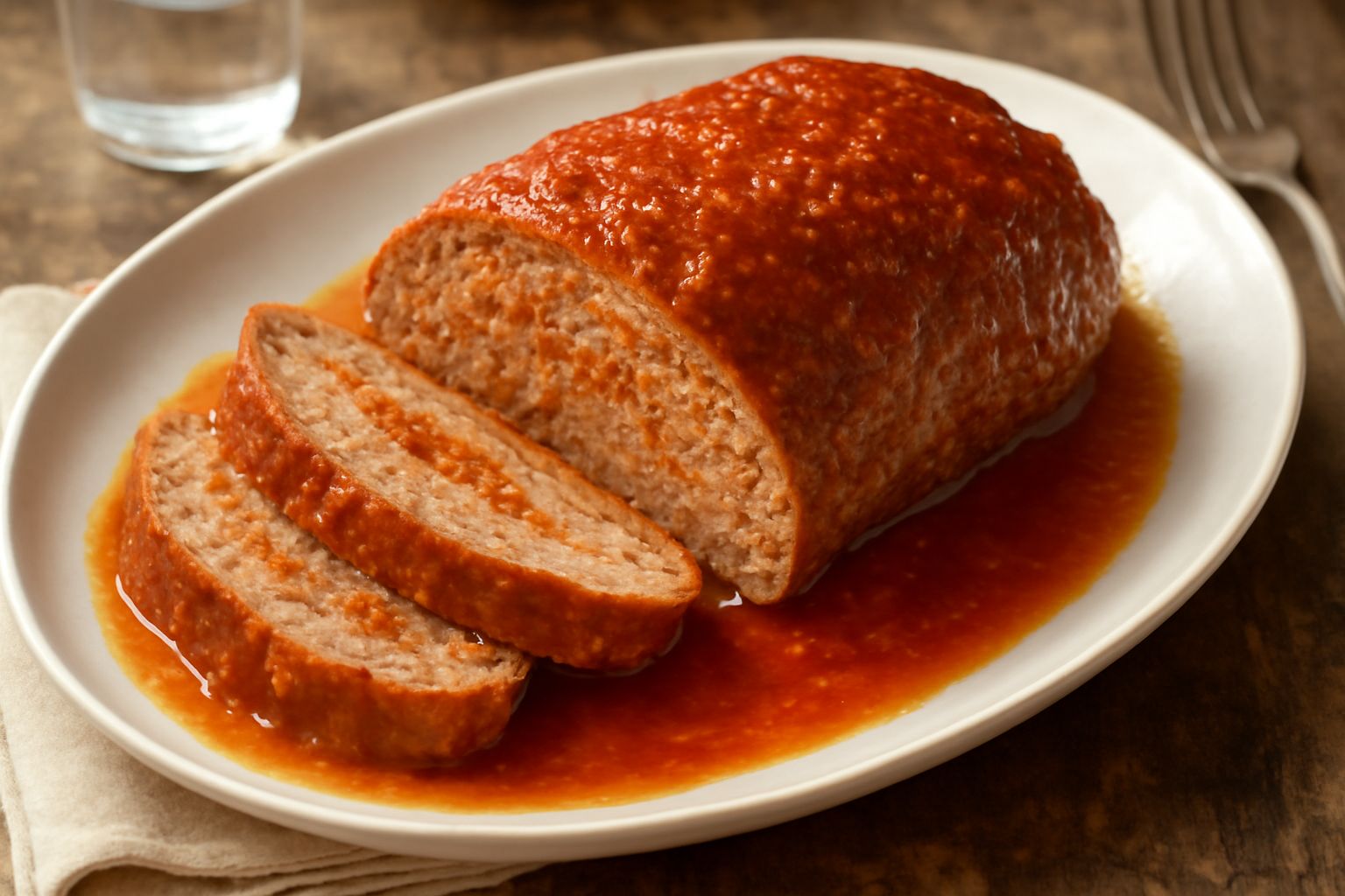 Polpettone dorato al forno tagliato a fette su un piatto bianco, con contorno di verdure grigliate, in una cucina luminosa