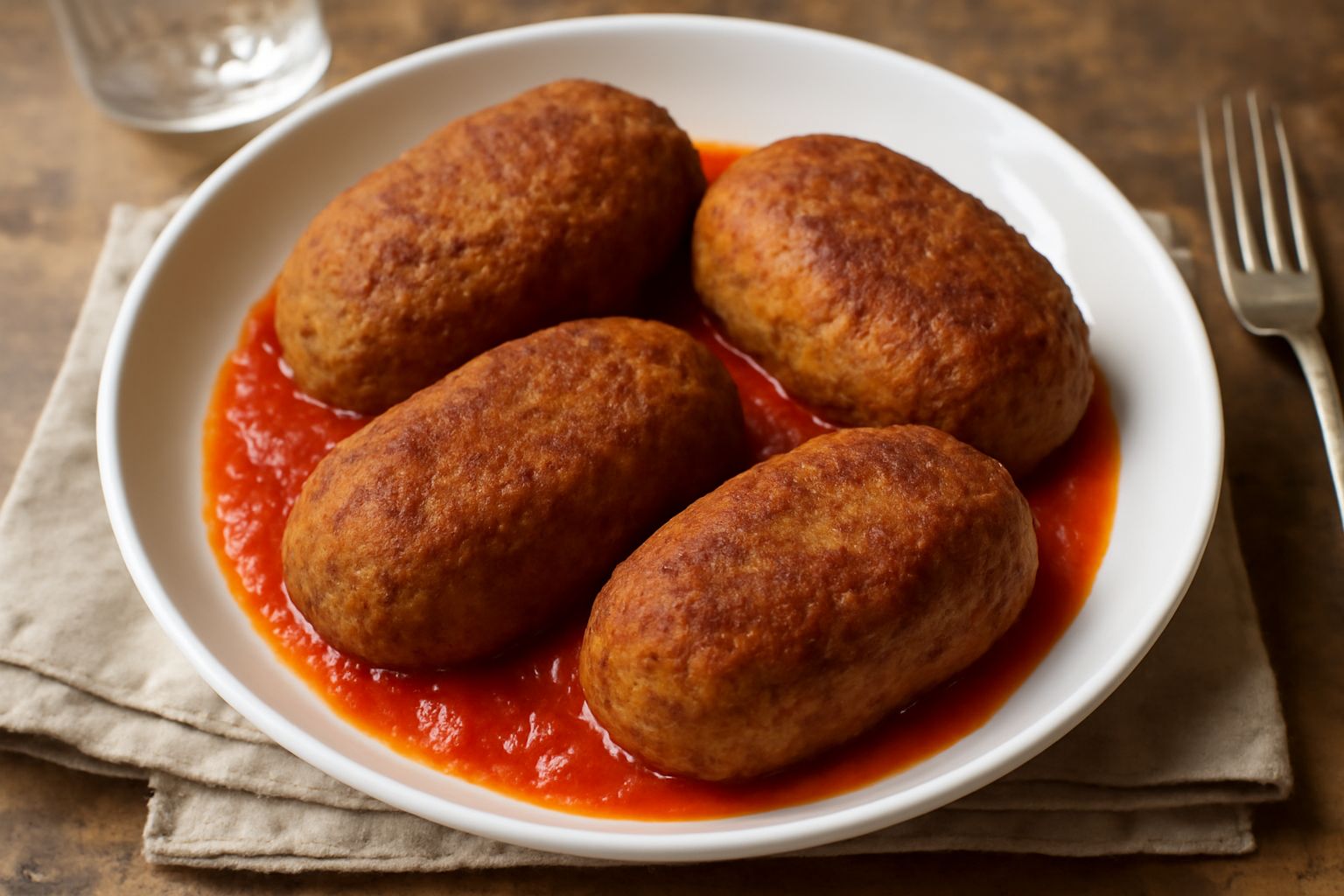Tre polpettoni di melanzane dorati, ovoidali e levigati, disposti su un piatto bianco con salsa di pomodoro intorno e basilico fresco sopra, forno in fondo sfocato