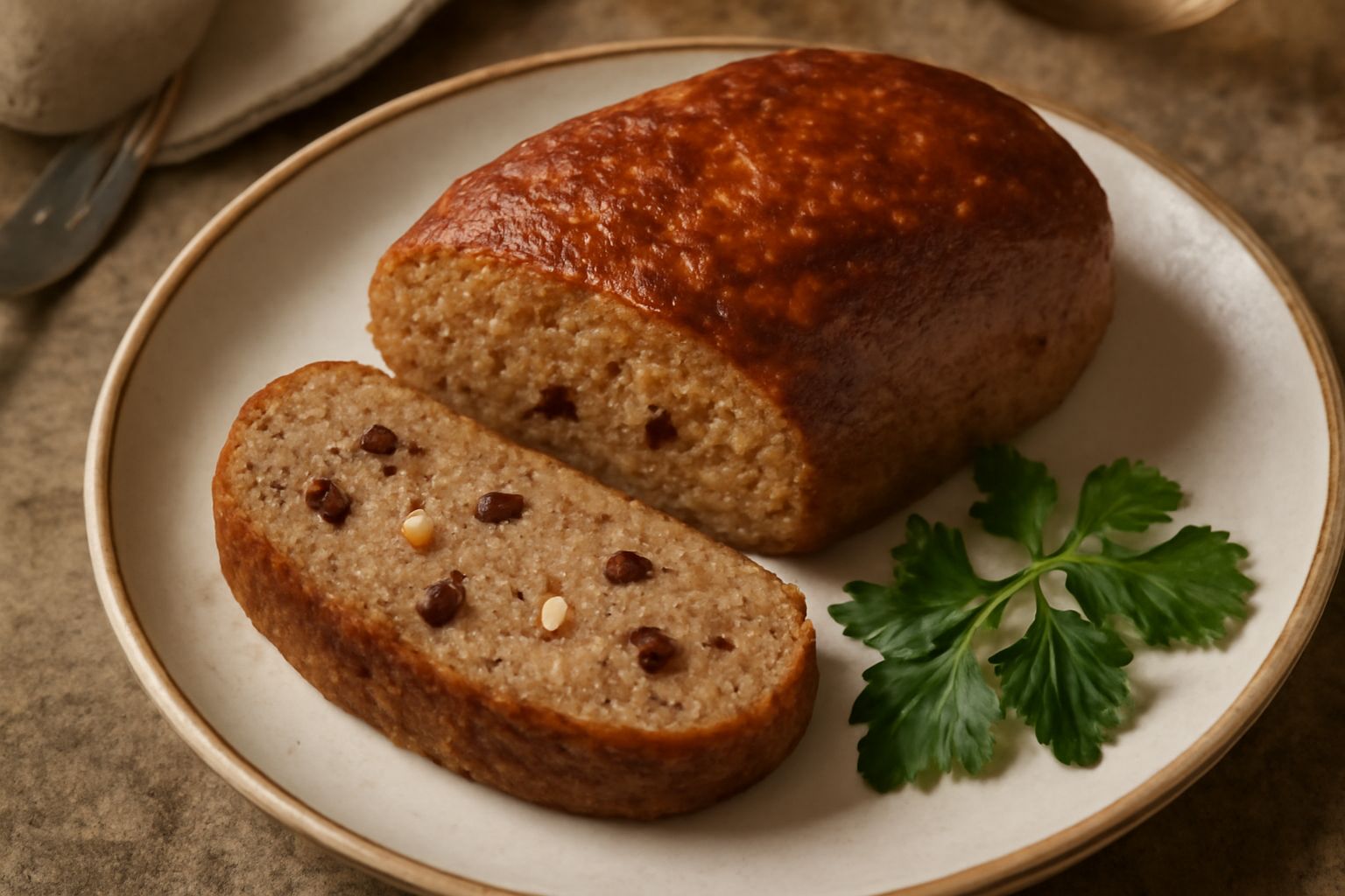 Polpettone trapanese affettato su piatto bianco, con interno marrone e morbido, uvetta visibile nei tagli, contorno di pomodori pelati e rucola fresca, sfondo di tavolo in legno