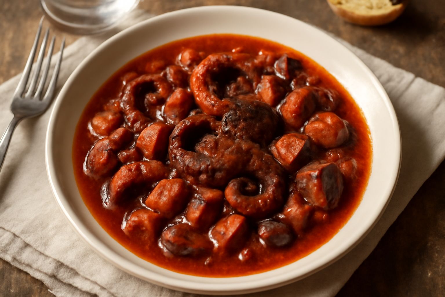 Polpo intero in umido in pentola di coccio su tavolo di legno, sommerso in salsa rosso scuro con pomodori e aglio, tentacoli visibili e lucidi nella salsa, contorno di prezzemolo fresco verde, vapore 
