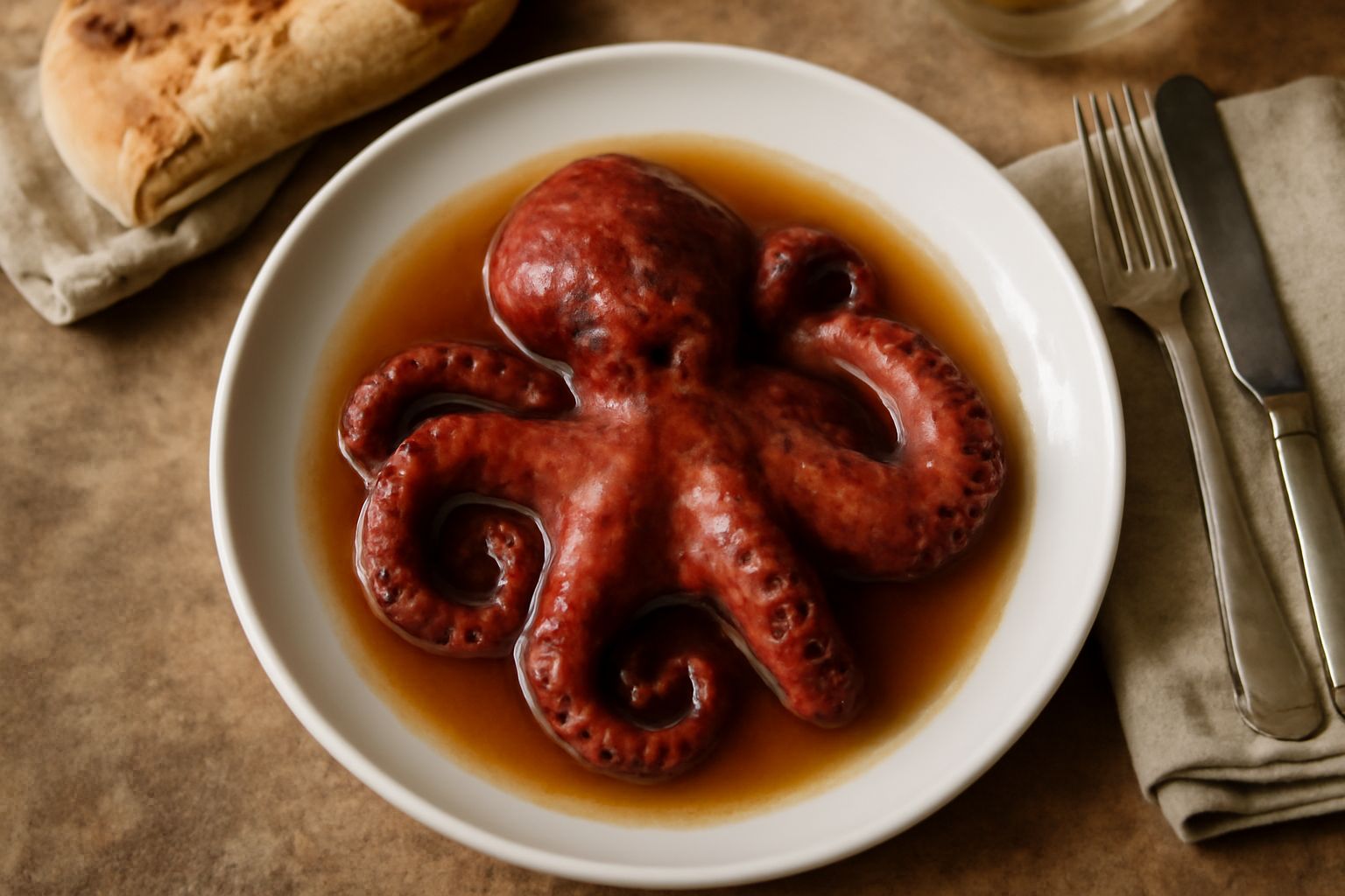 Polpo cotto di colore rosso scuro in un piatto fondo di terracotta, immerso in brodo trasparente ambrato, con due fette di limone giallo limone, prezzemolo fresco verde e una base di pane tostato sul 