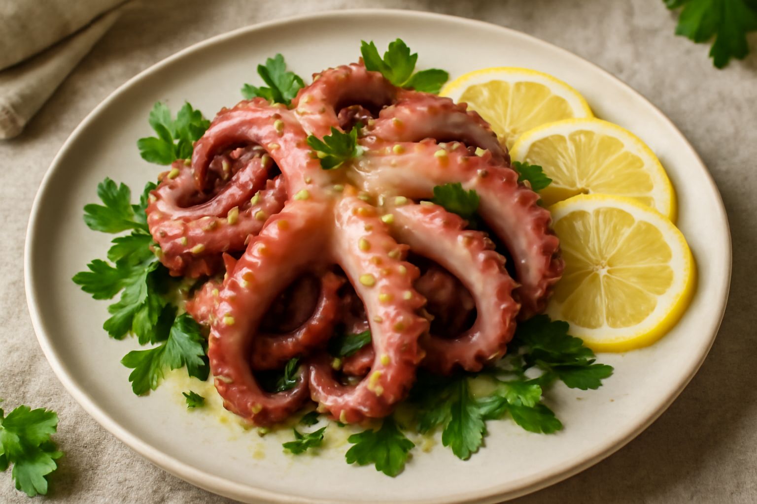 Polpo al cartoccio freddo su piatto bianco: tentacoli rosati e morbidi, guarniti con prezzemolo fresco verde, gocce di olio d'oliva e spicchi di limone giallo, contorno di insalata mista cruda
