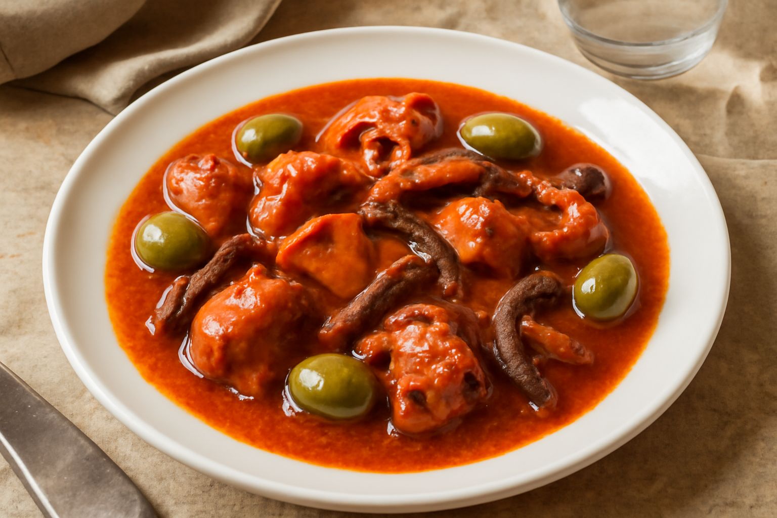 Polpo cucinato in umido in un piatto di ceramica bianca, con salsa di pomodori rossi, olive verdi e acciughe nere, guarnito con prezzemolo fresco verde, servito su tavolo in pietra grigia