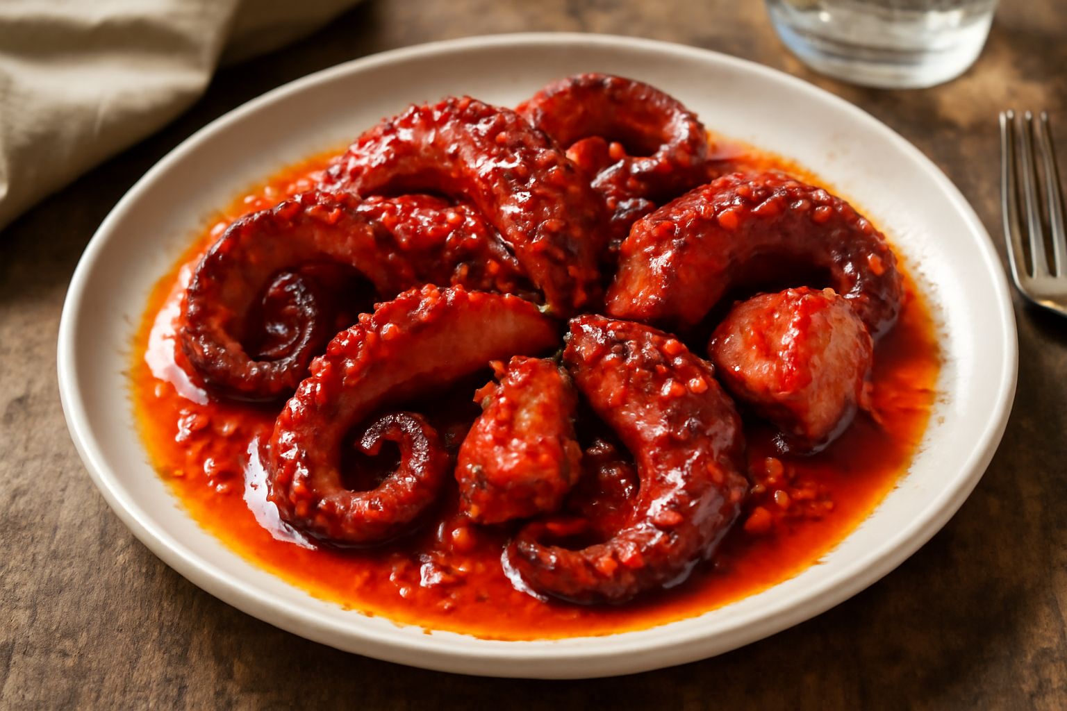 Polpo alla diavola rosso e lucido di olio, con tentacoli arricciati attorno al piatto, peperoncini rossi interi sparsi accanto, prezzemolo verde fresco, tutto servito in un piatto bianco fondo con oli