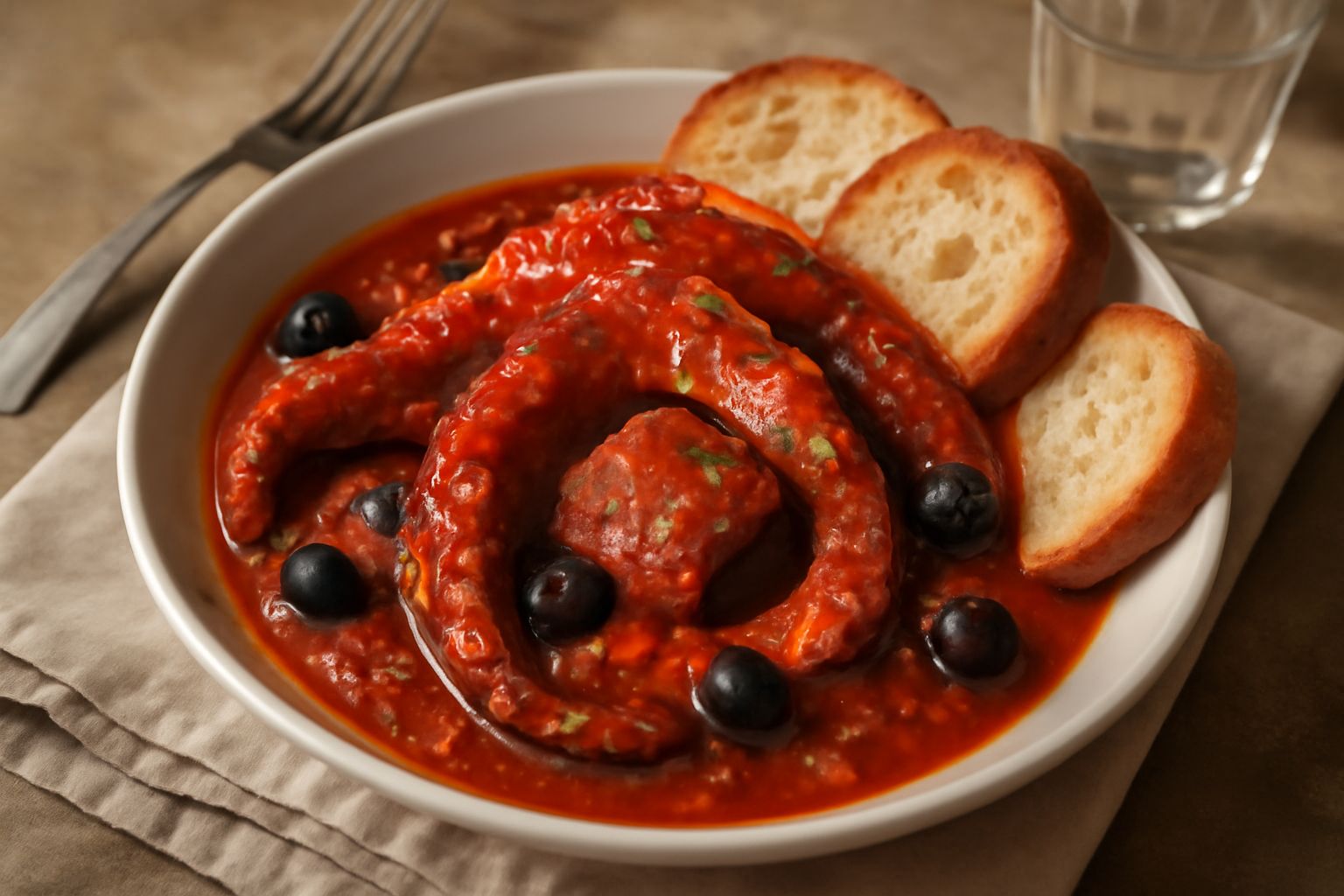 Polpo intero rosso bruno in umido dentro un piatto bianco fondo, coperto di sugo rosso con olive nere visibili, contorno di pane tostato