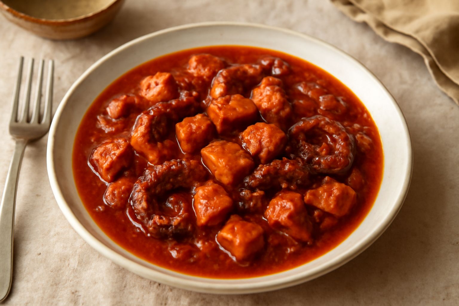 Polpo rosso scuro stufato servito in un piatto bianco con salsa di pomodoro, pezzi di polpo ben visibili, guarnito con prezzemolo fresco, contorno di pane tostato accanto