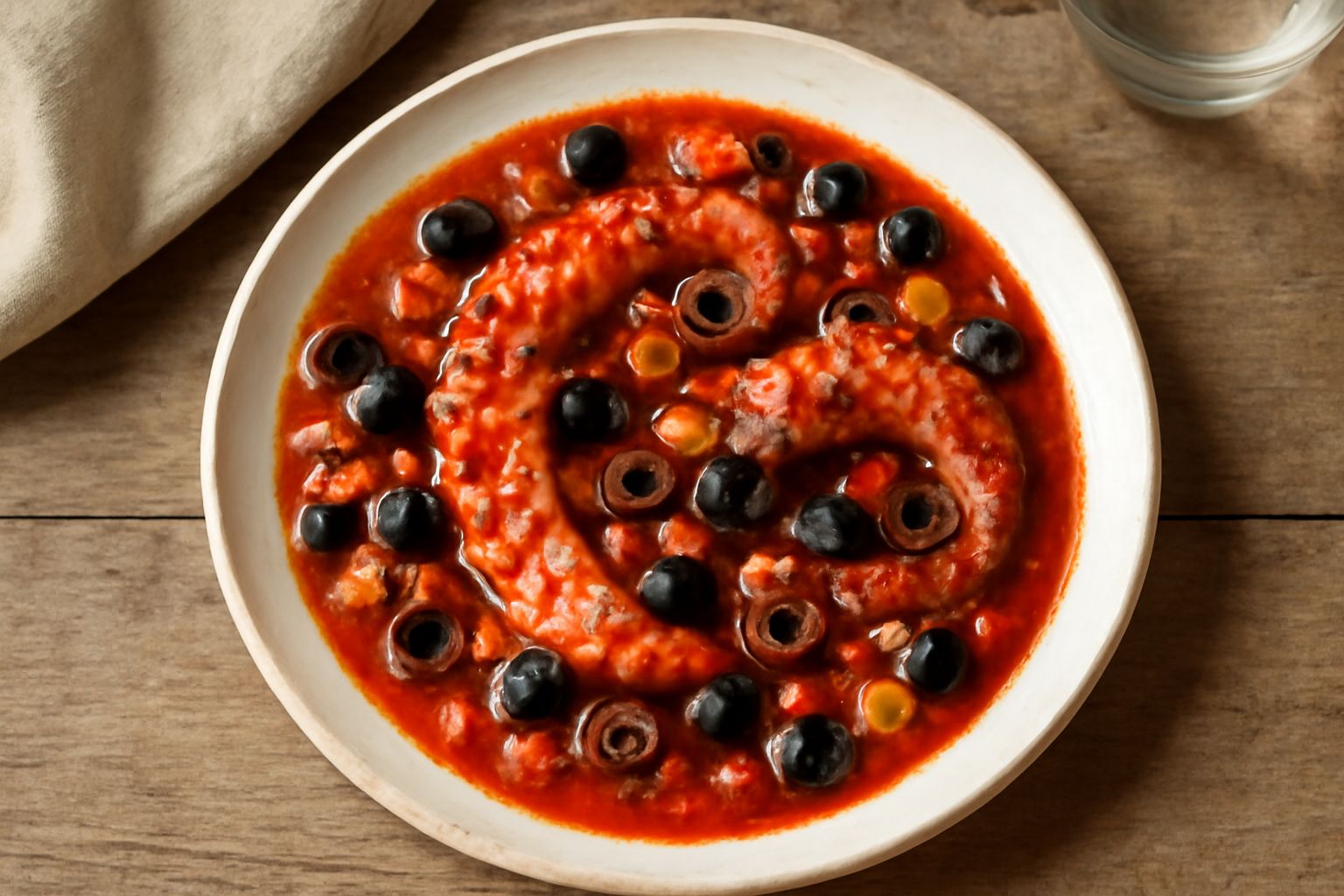 Polpo in umido nel piatto bianco con salsa rossa di pomodoro, olive nere tagliate a metà e piccoli pezzi di peperone rosso e giallo visibili accanto ai tentacoli, guarnito con prezzemolo fresco.