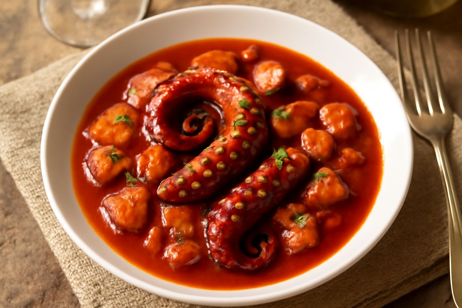 Polpo cotto in umido rosso di pomodoro servito in un piatto bianco, i tentacoli morbidi ricoperti di salsa, contorno di pane tostato, rosmarino fresco sul bordo