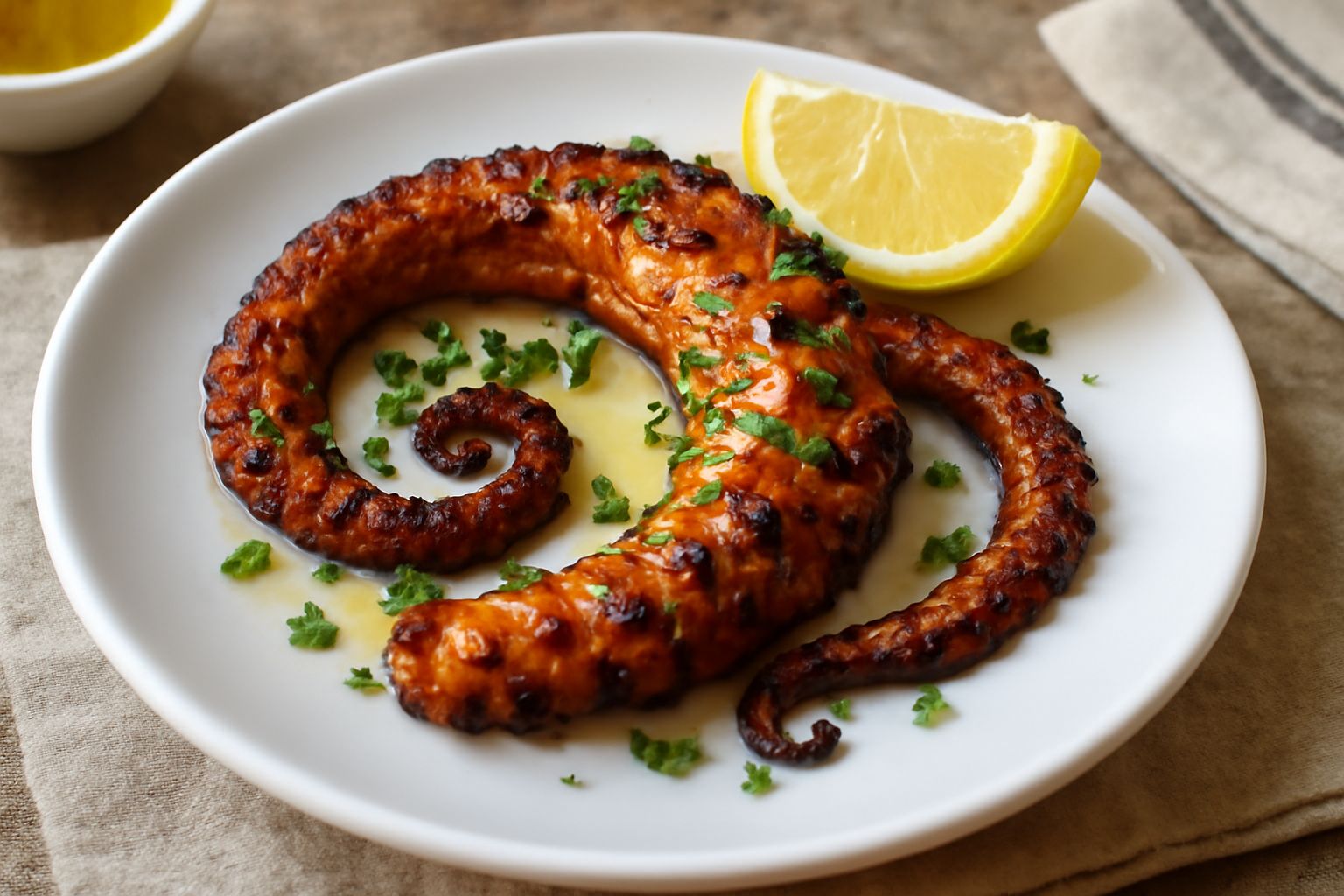 Polpo alla griglia dorato e croccante ai bordi, disposto su un piatto bianco con limone tagliato a spicchi e prezzemolo verde fresco, contorni di fuoco visibili sulla superficie della carne