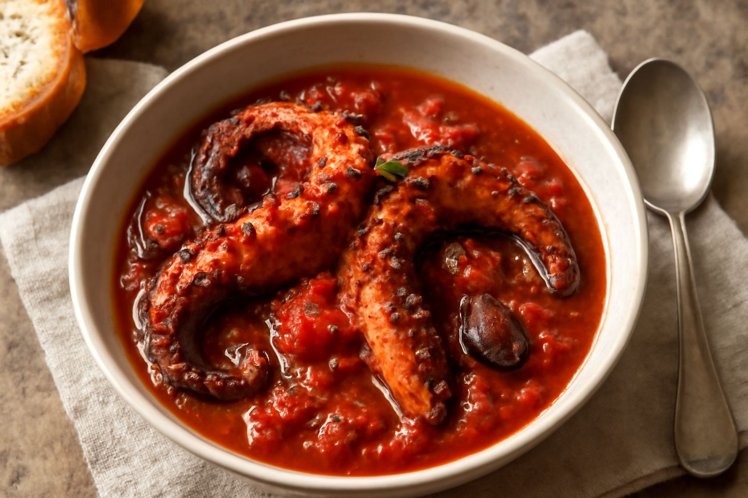 Polpo stufato in umido su un piatto bianco, con tentacoli tenerissimi immersi in un sugo rosso di pomodori, aglio e peperoncino, guarnito con prezzemolo fresco