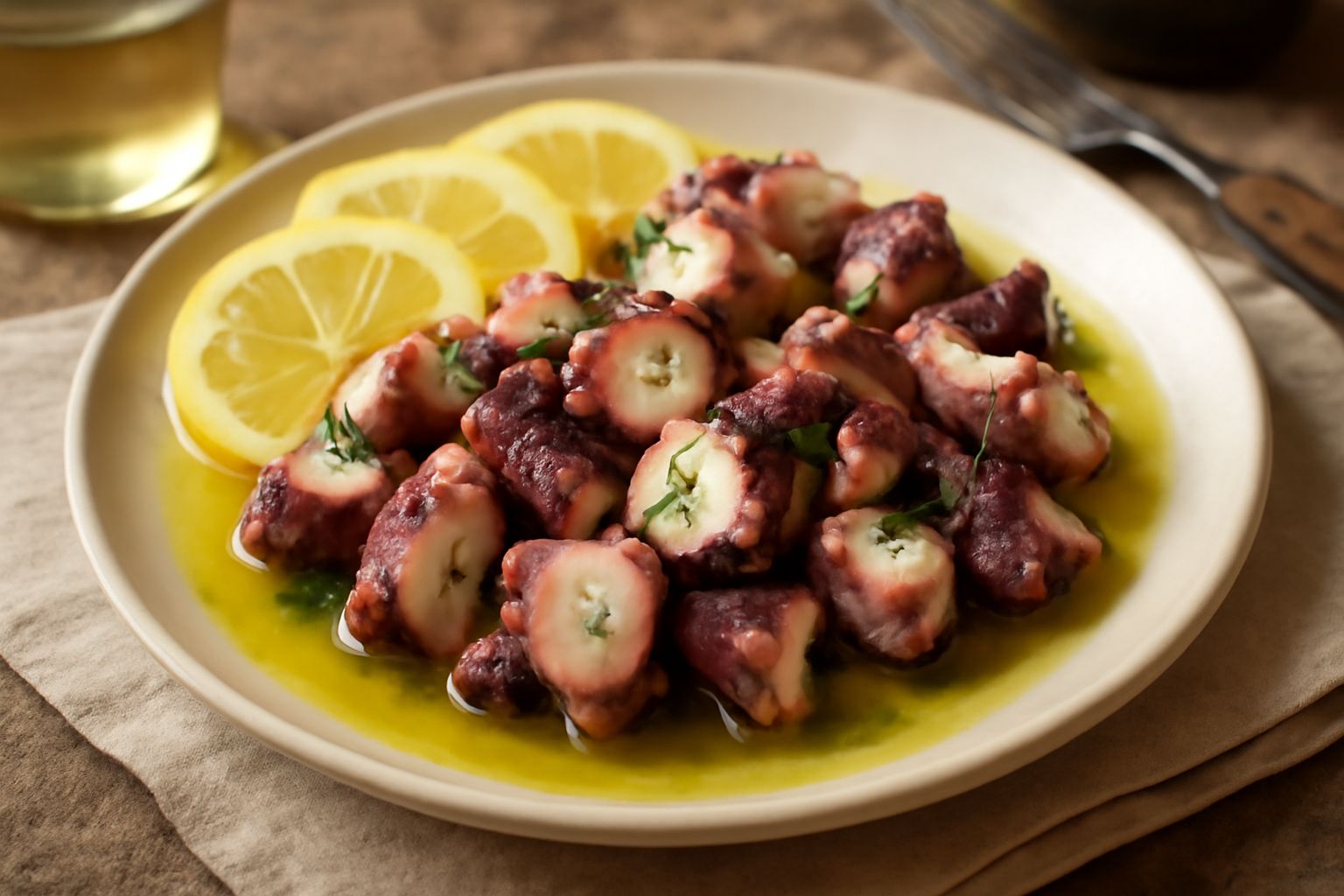 Polpo bollito tagliato a pezzi nel piatto bianco, condito con olio d'oliva verde, fettine di limone giallo e prezzemolo fresco, accanto sedano e cipolla cruda.